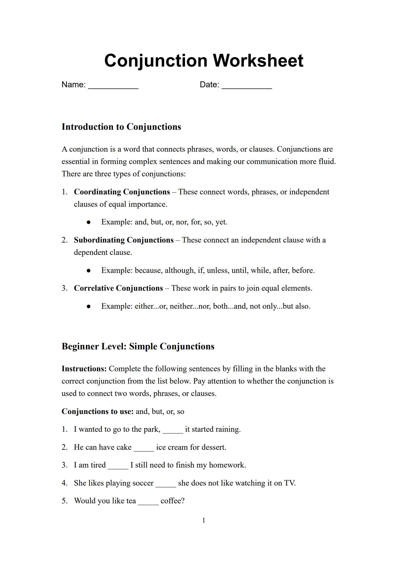 Conjunction Worksheet 1