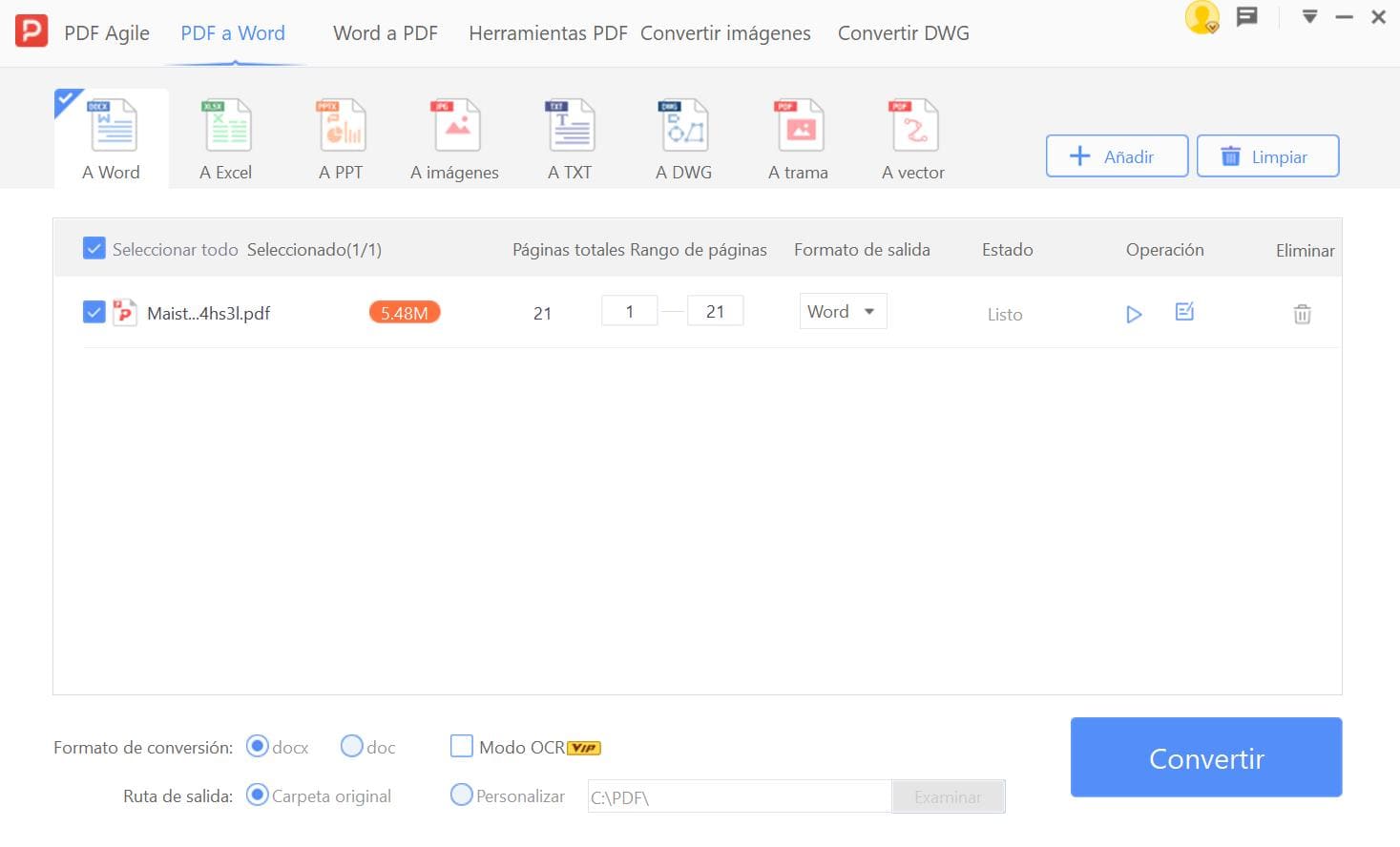 Conversión de formato mediante PDF Agile