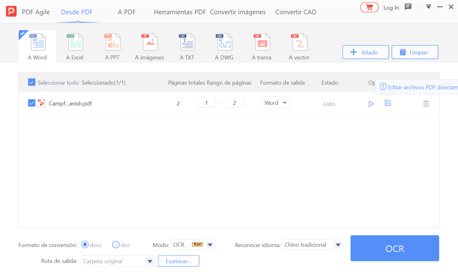 Convertir formato de archivo PDF