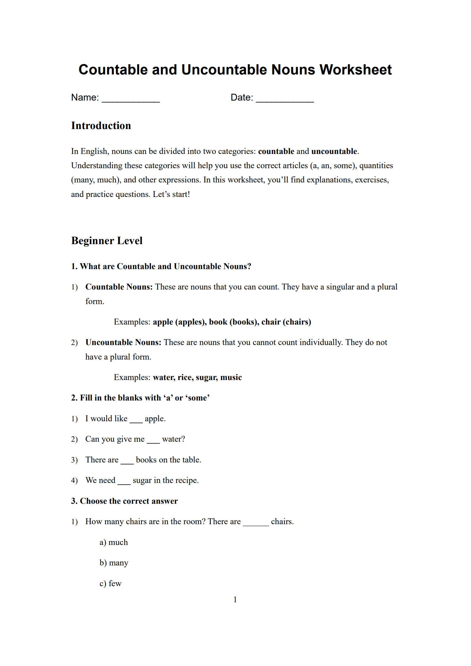 Countable and Uncountable Nouns Worksheet 1
