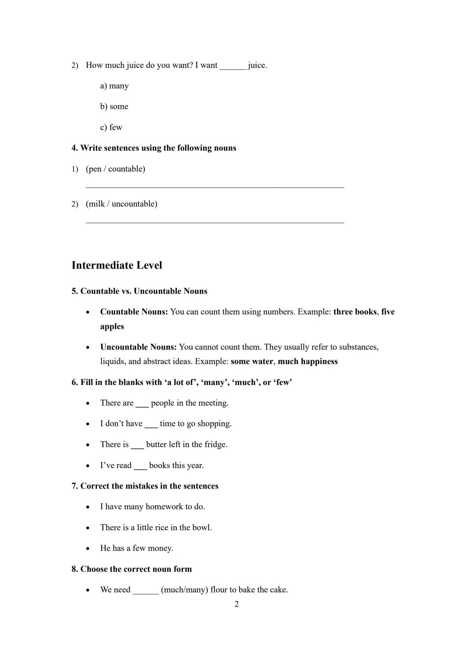 Countable and Uncountable Nouns Worksheet 2