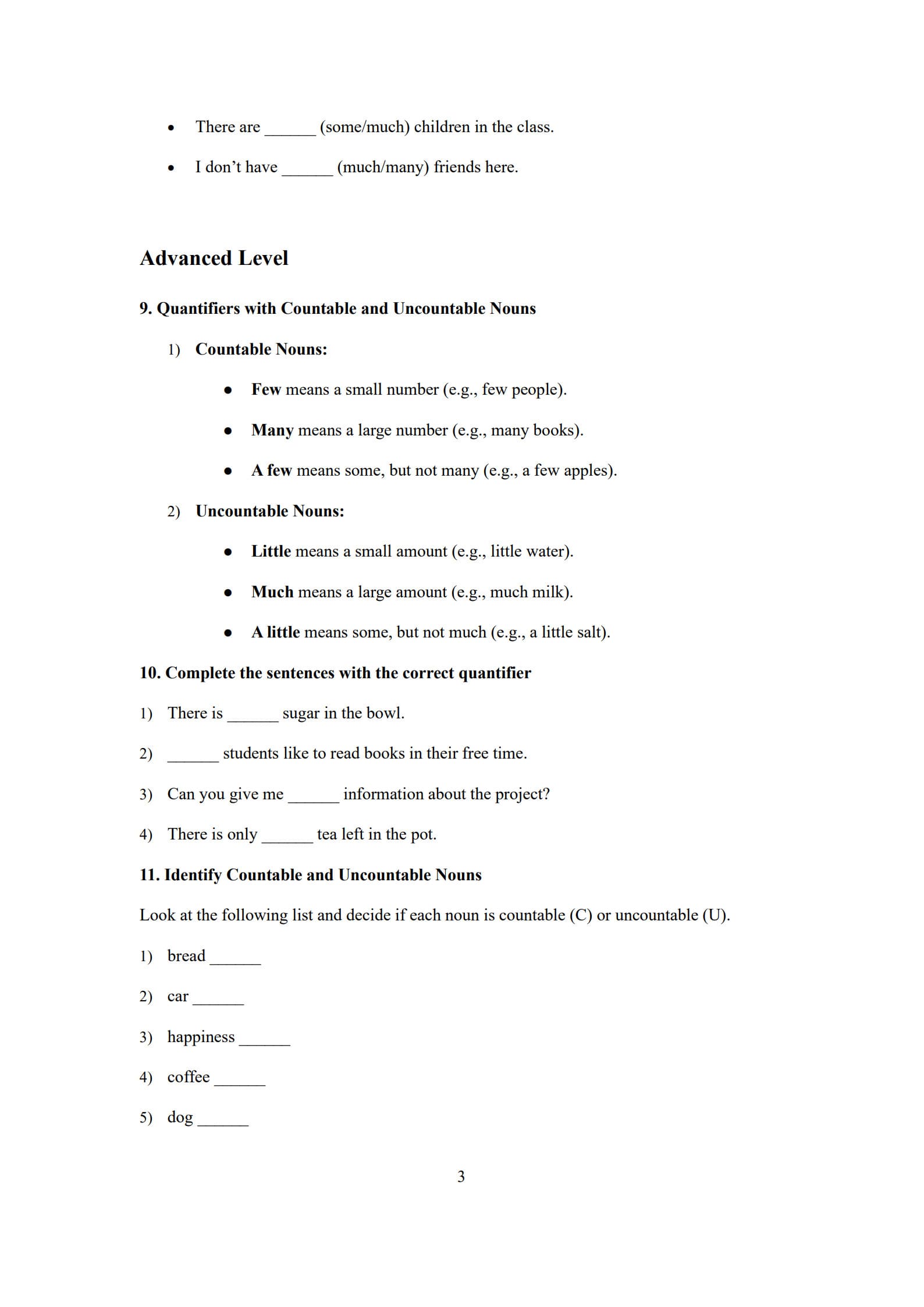 Countable and Uncountable Nouns Worksheet 3