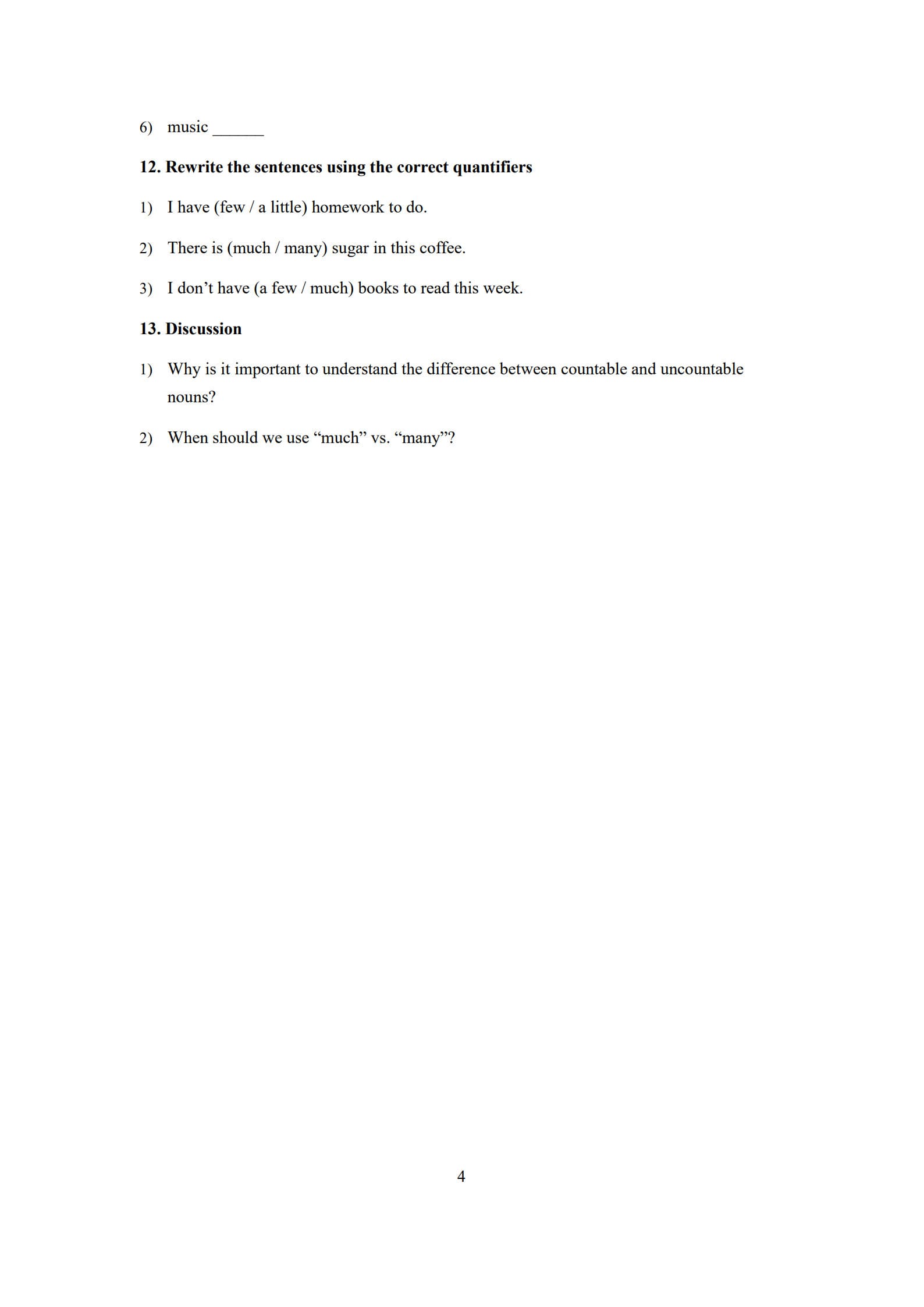Countable and Uncountable Nouns Worksheet 4