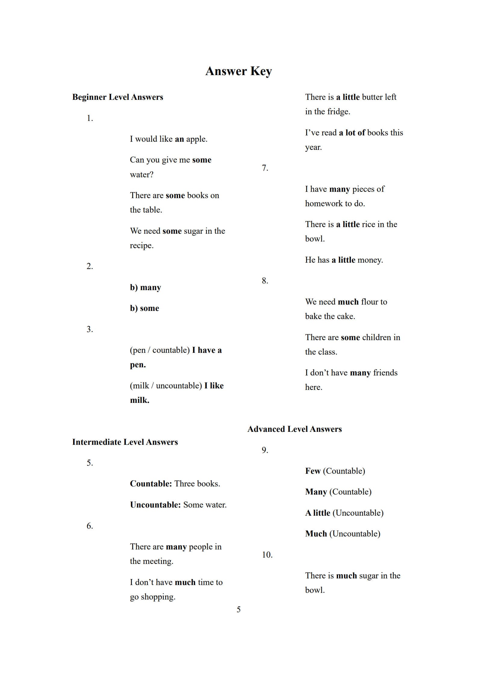Countable and Uncountable Nouns Worksheet 5