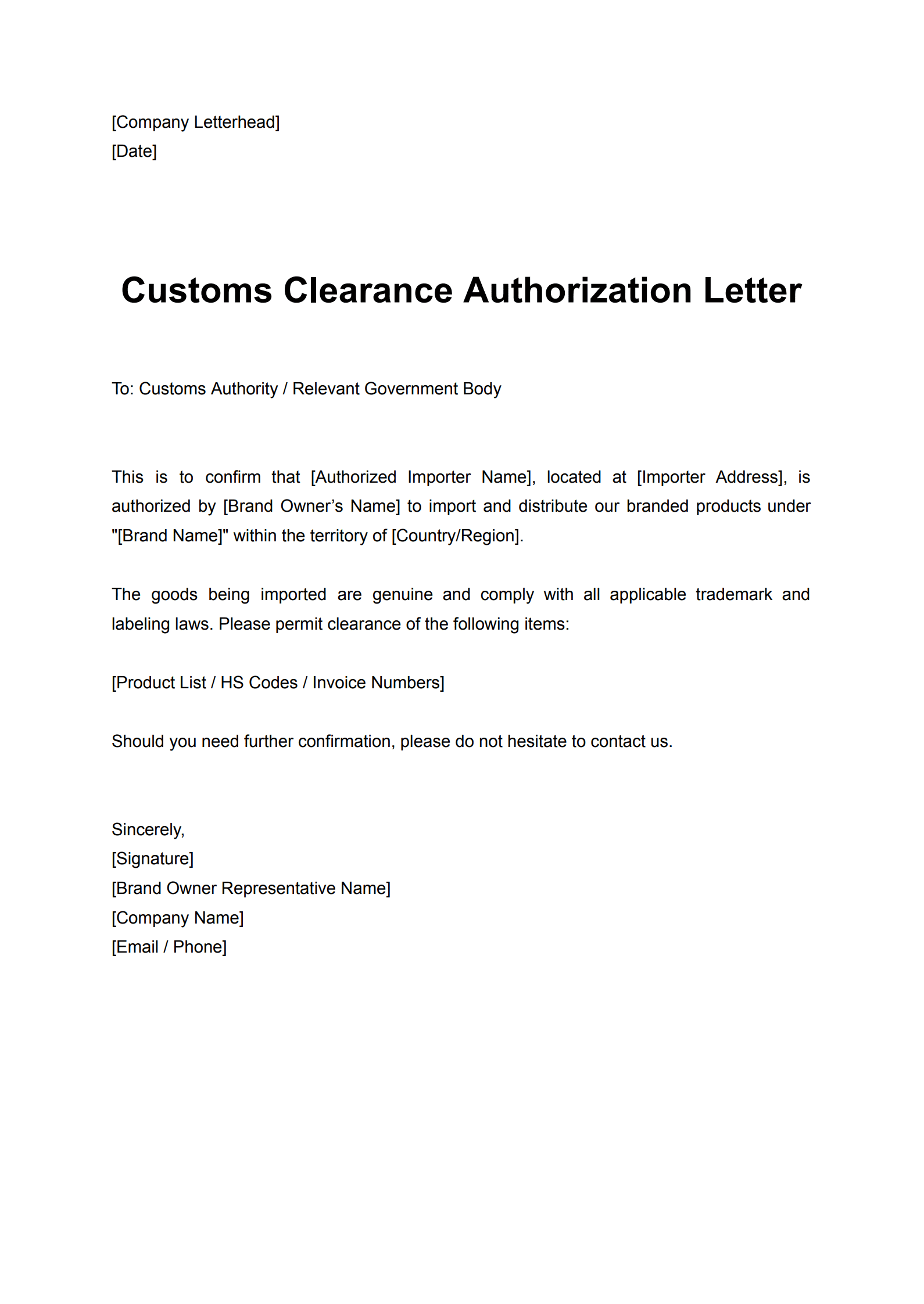 Customs Clearance Authorization Letter Template