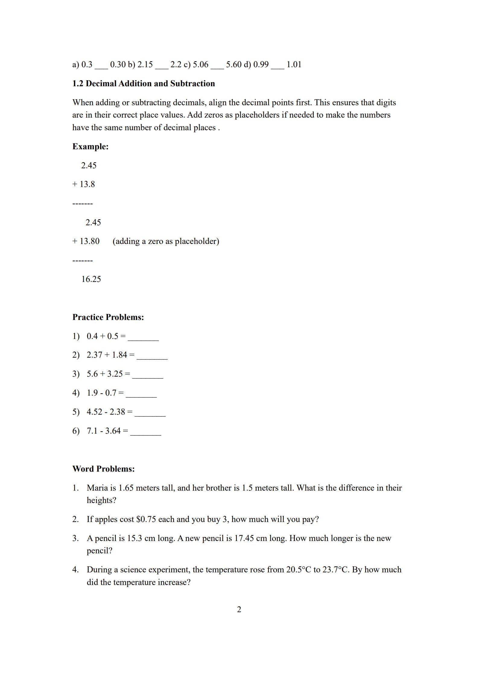 Decimals Worksheet 2