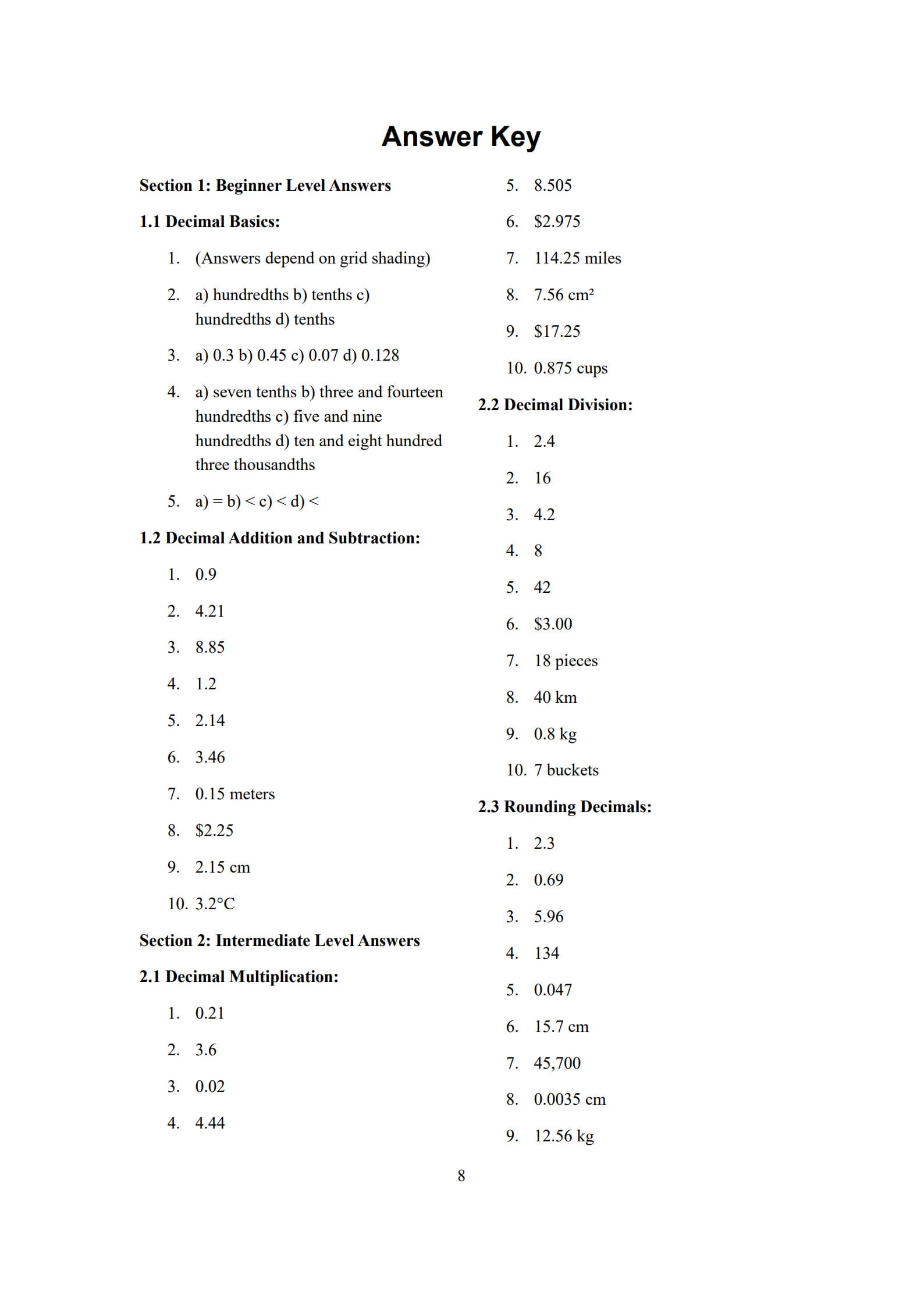 Decimals Worksheet 8
