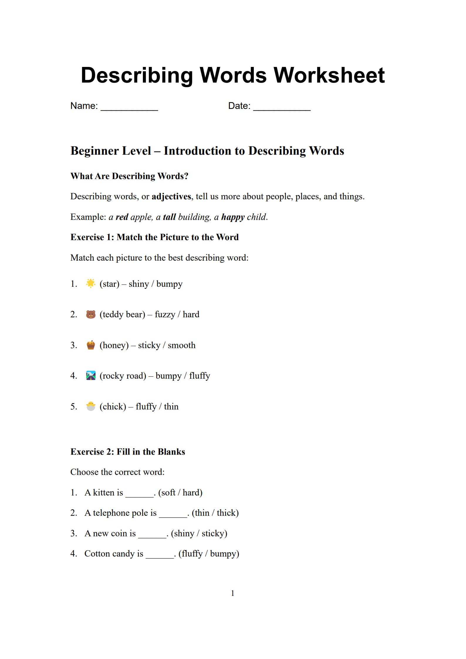 Describing Words Worksheet 1