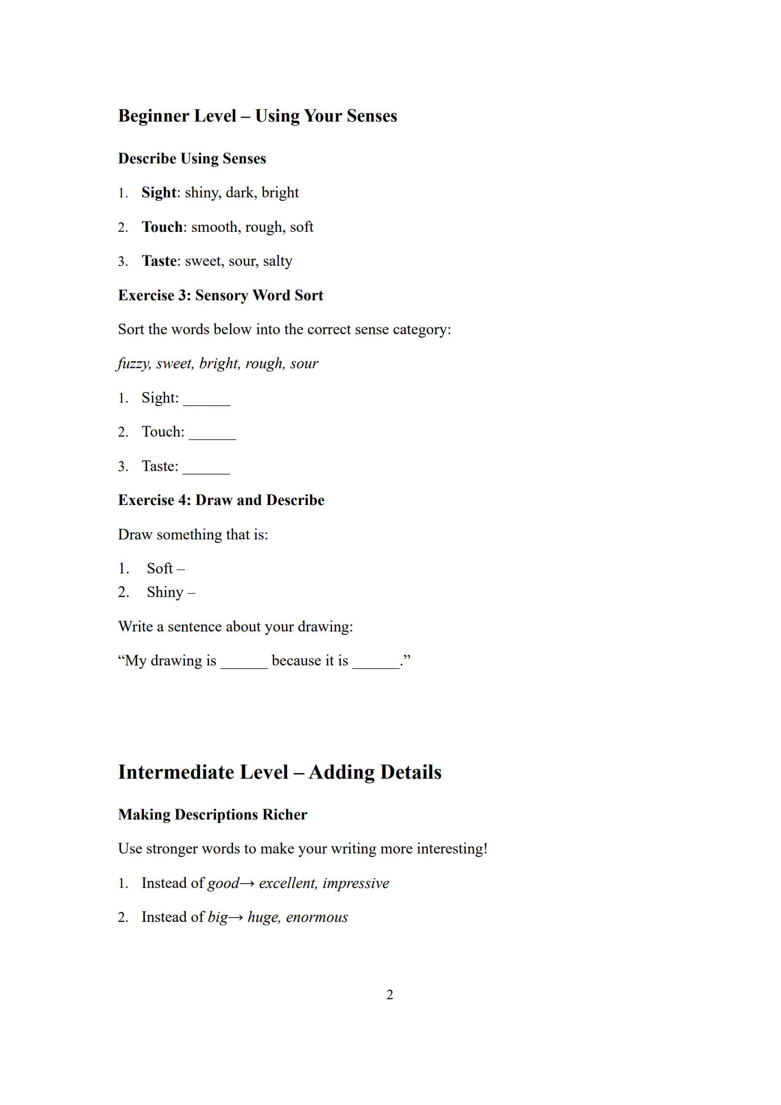 Describing Words Worksheet 2