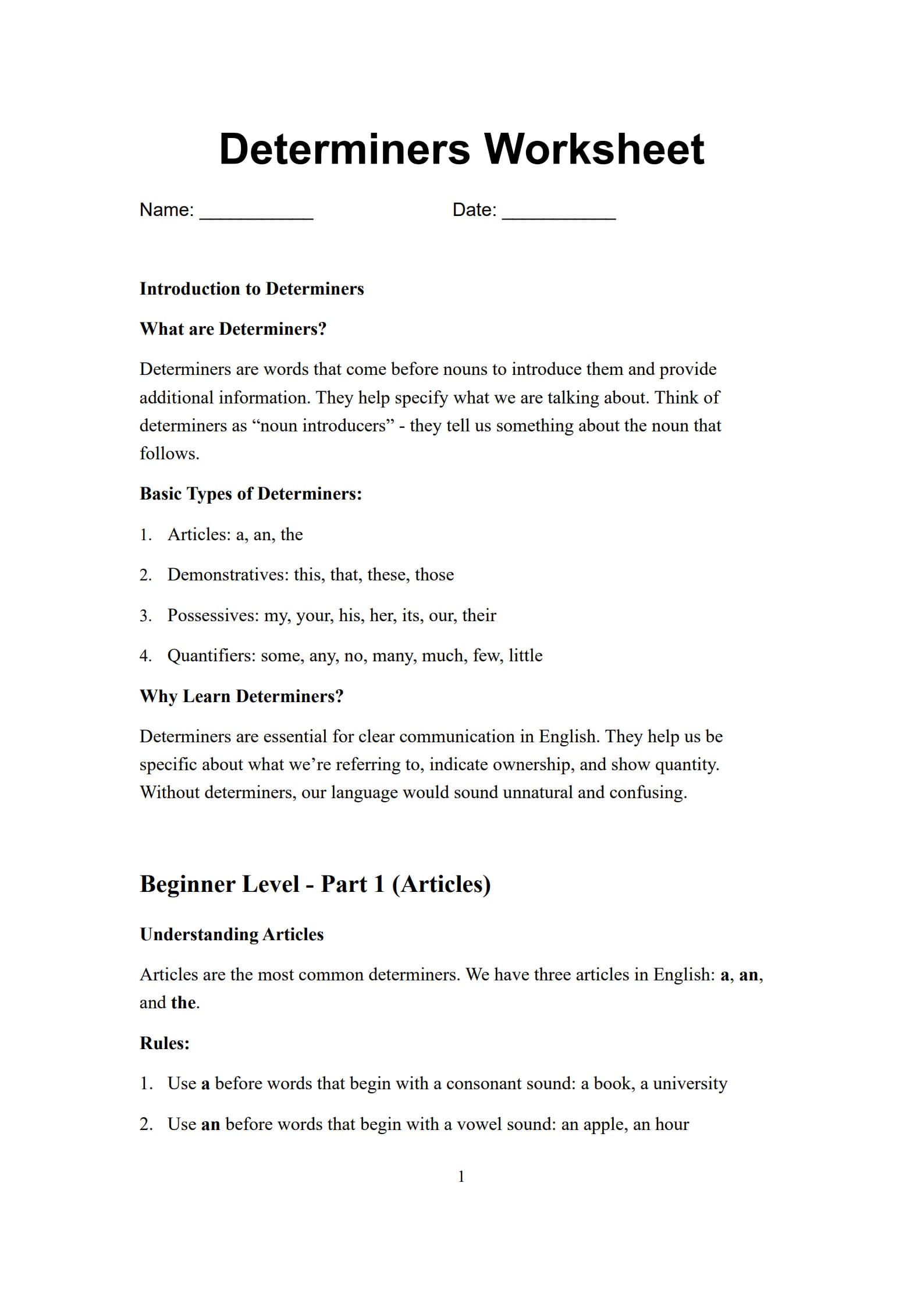 Determiners Worksheet 1