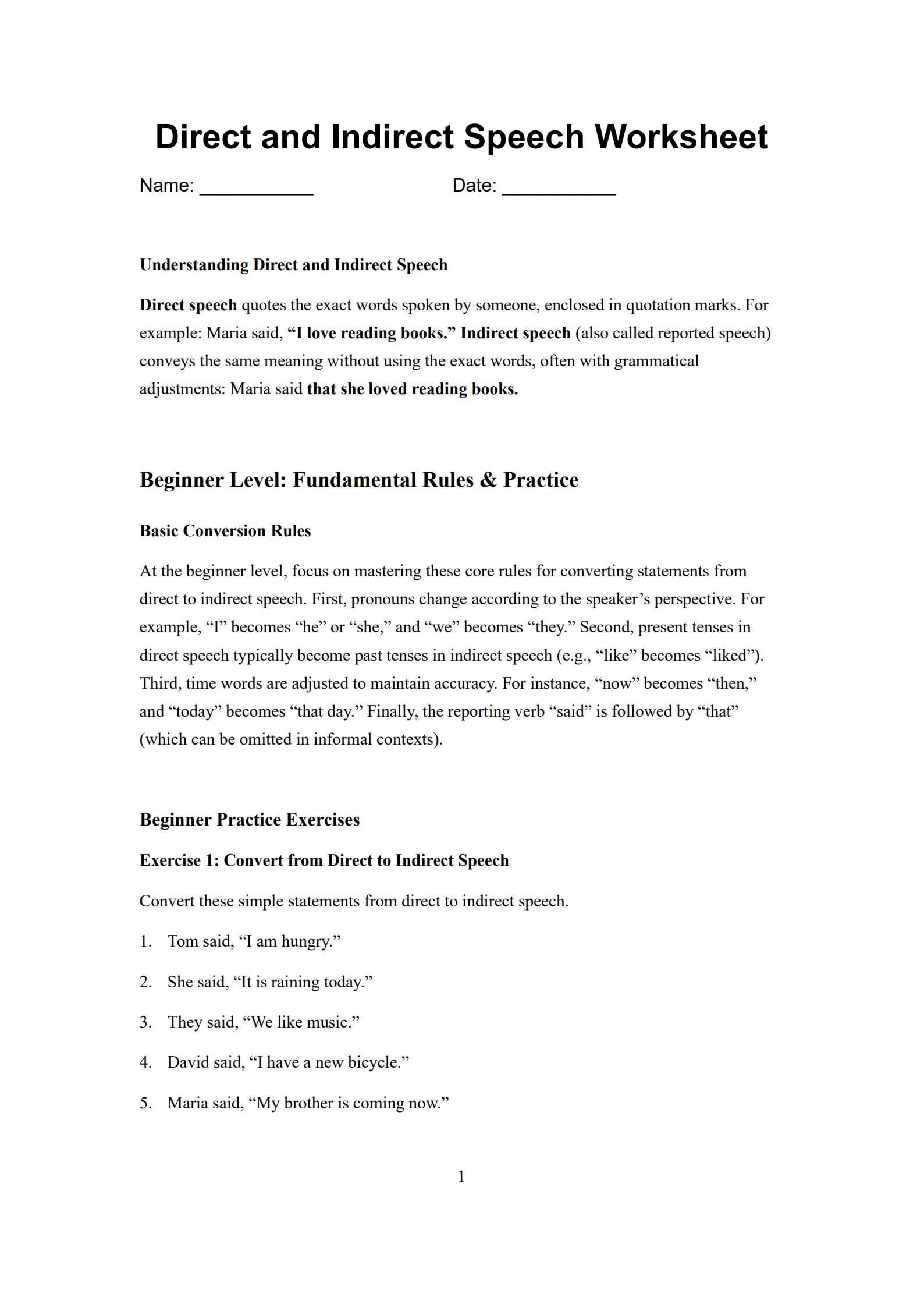 Direct and Indirect Speech Worksheet 1