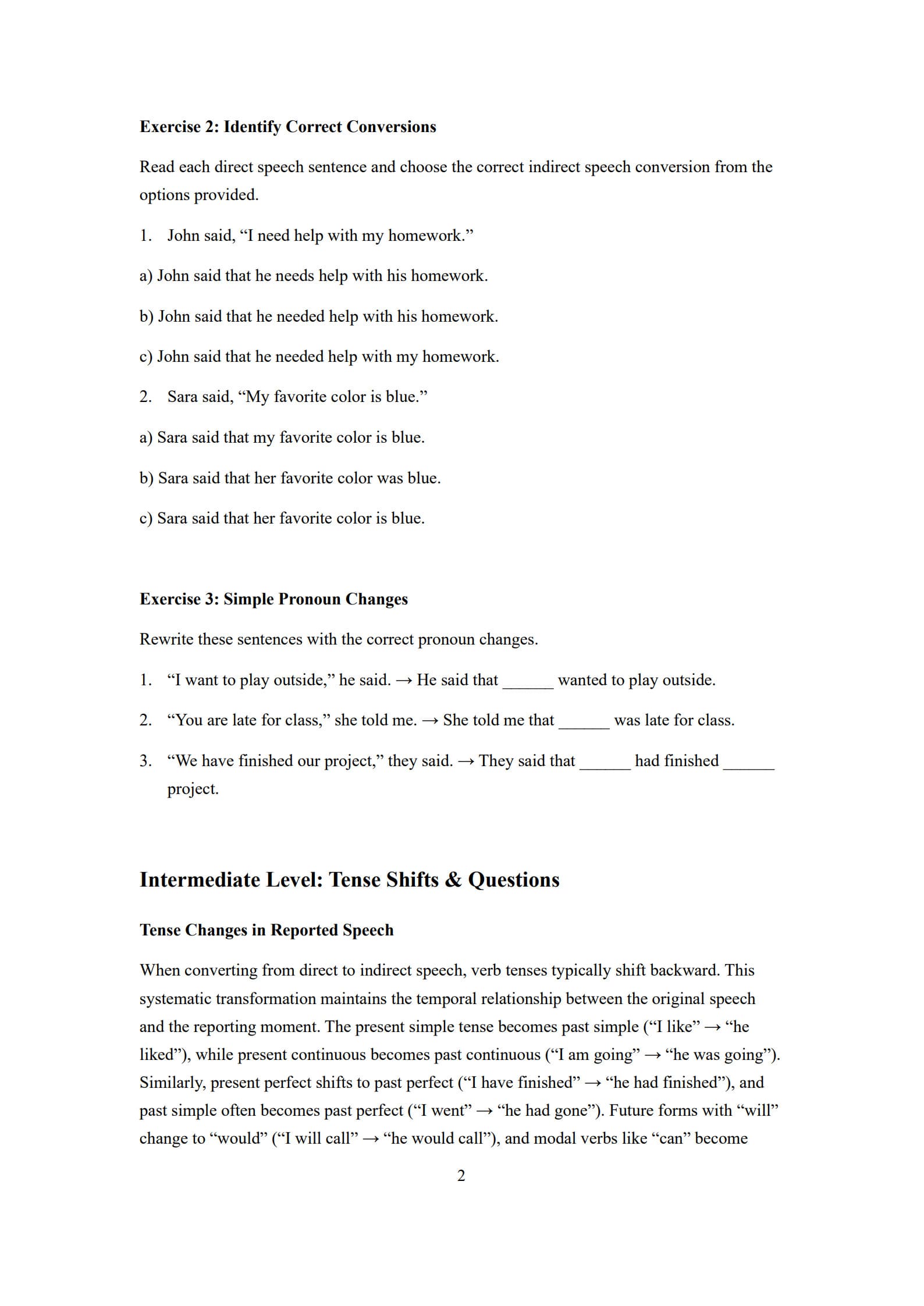 Direct and Indirect Speech Worksheet 2