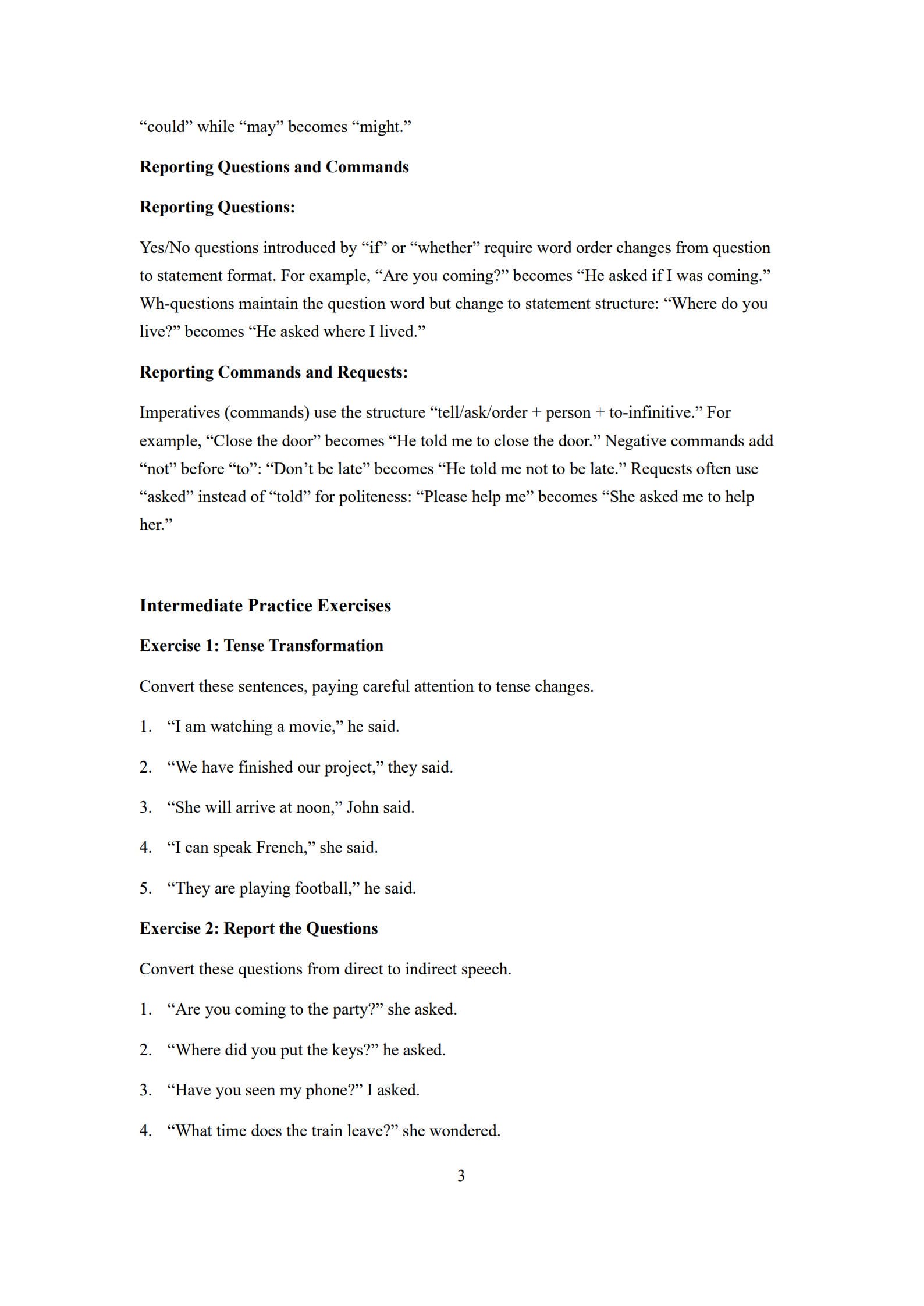 Direct and Indirect Speech Worksheet 3