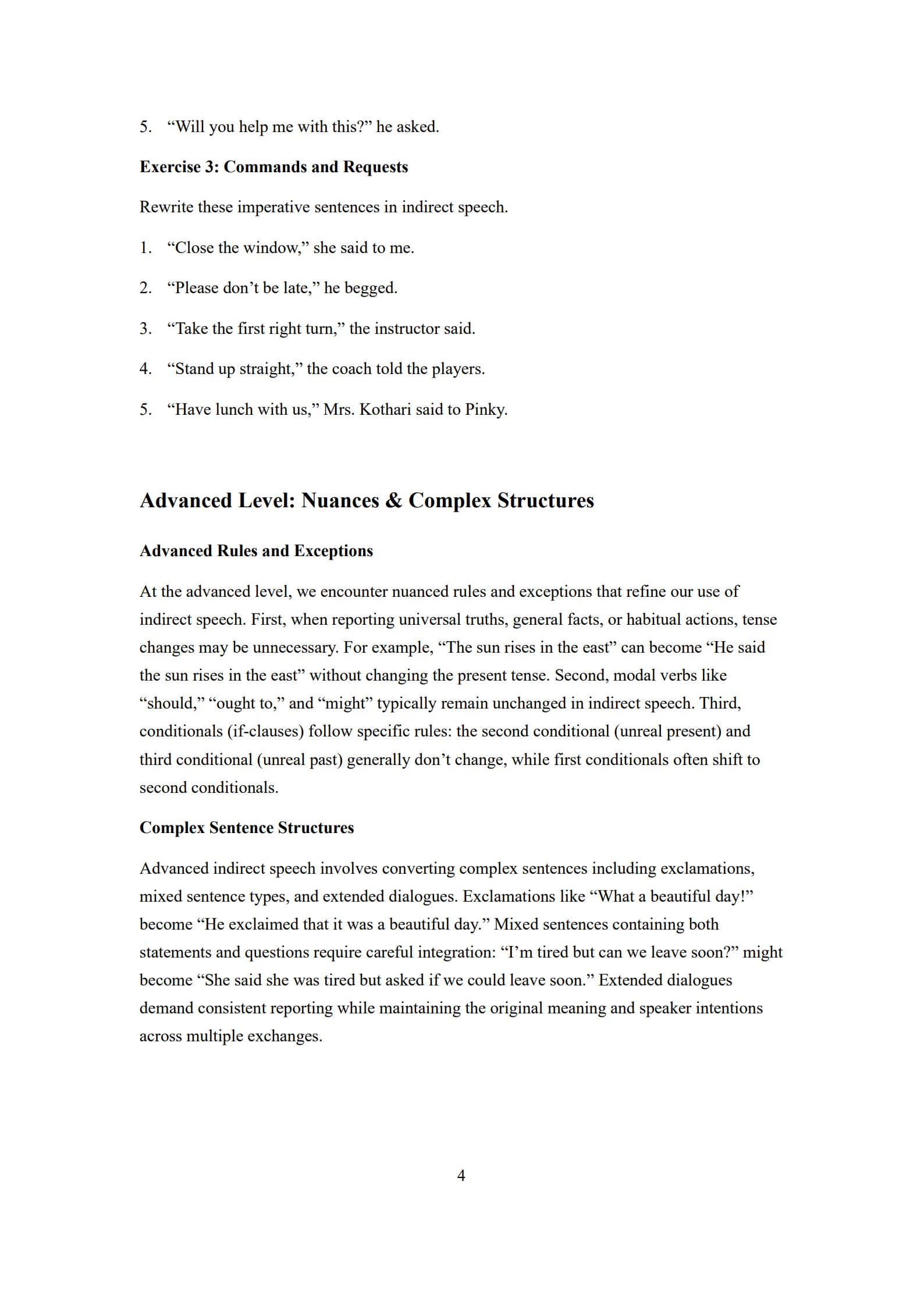 Direct and Indirect Speech Worksheet 4
