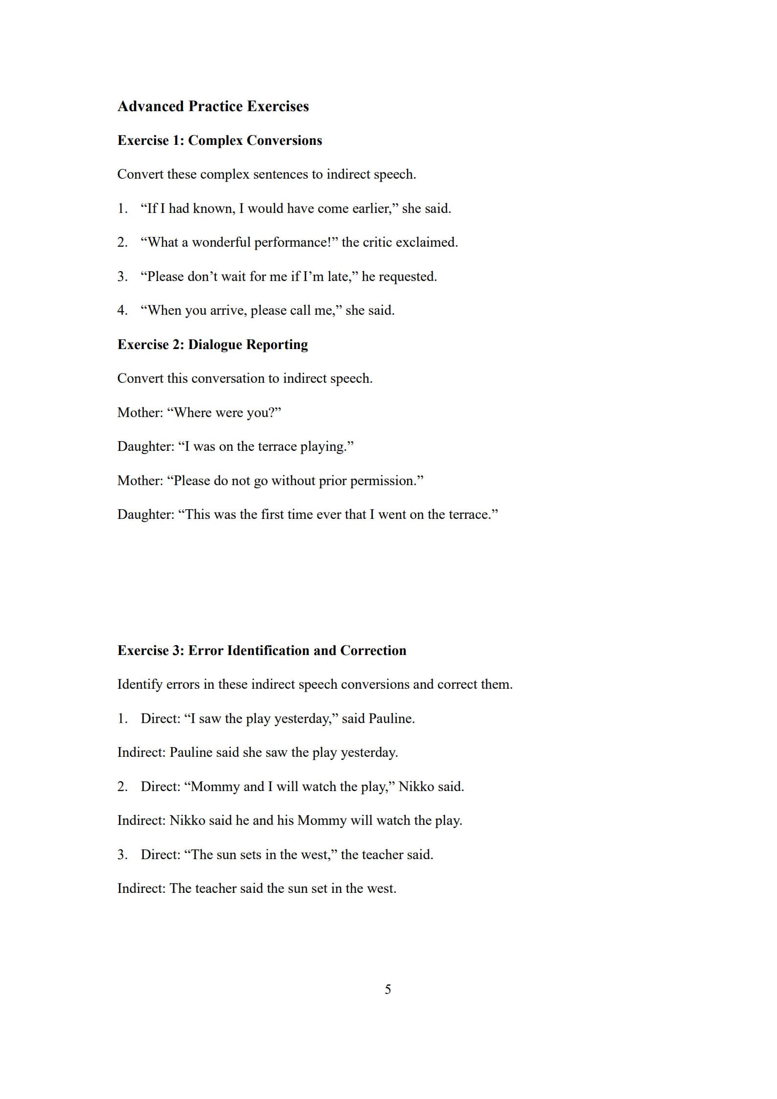 Direct and Indirect Speech Worksheet 5