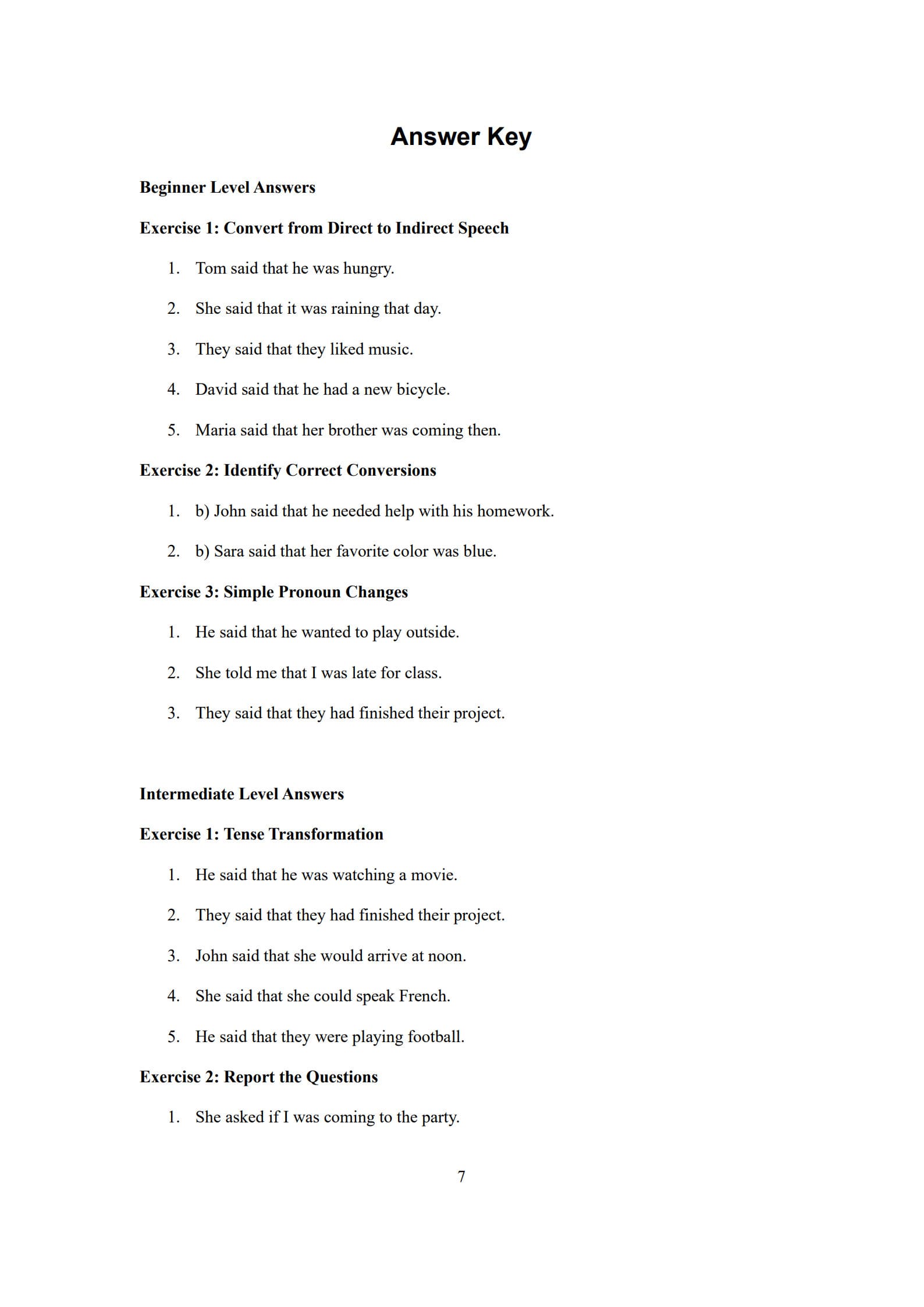 Direct and Indirect Speech Worksheet 7