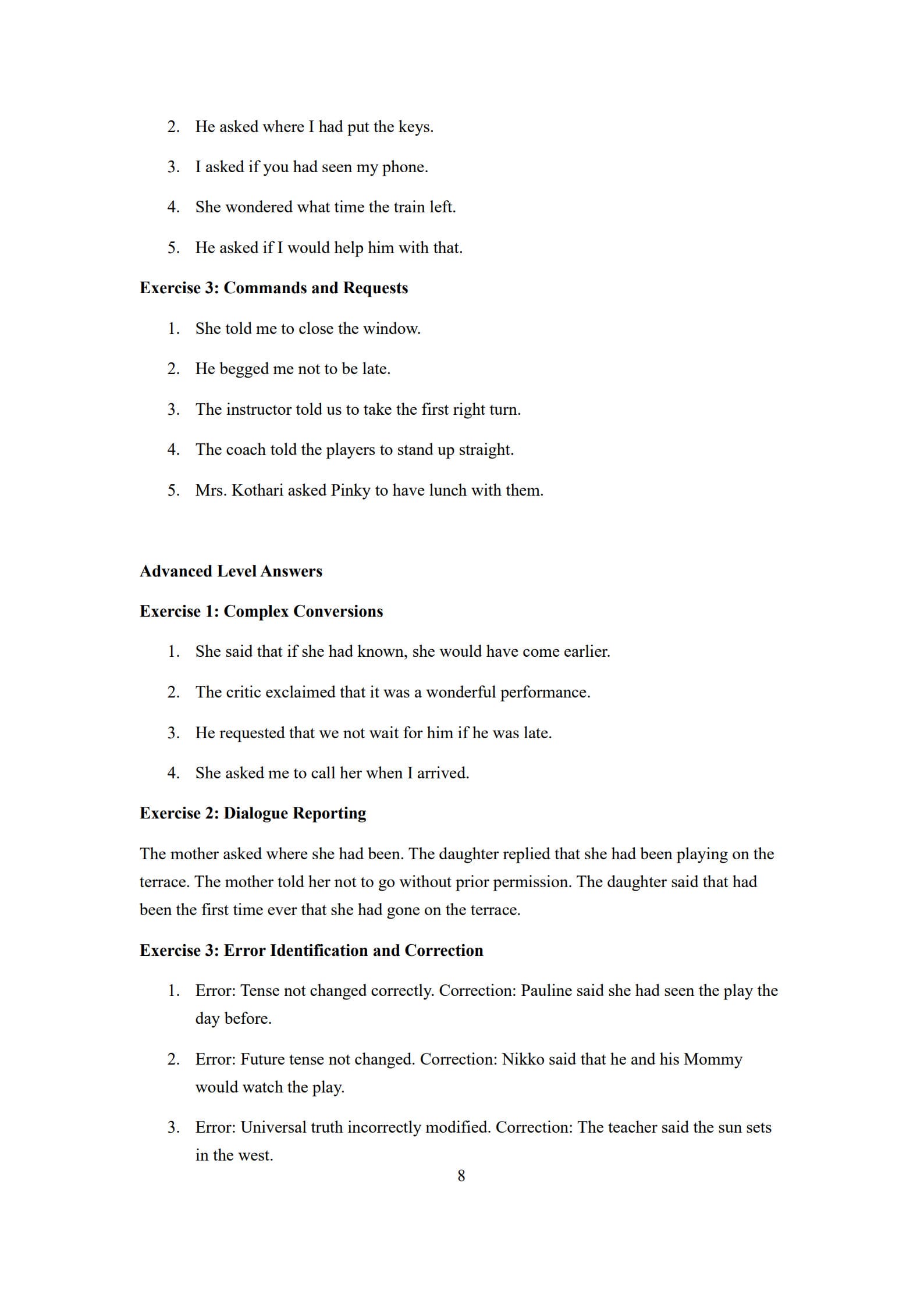 Direct and Indirect Speech Worksheet 8