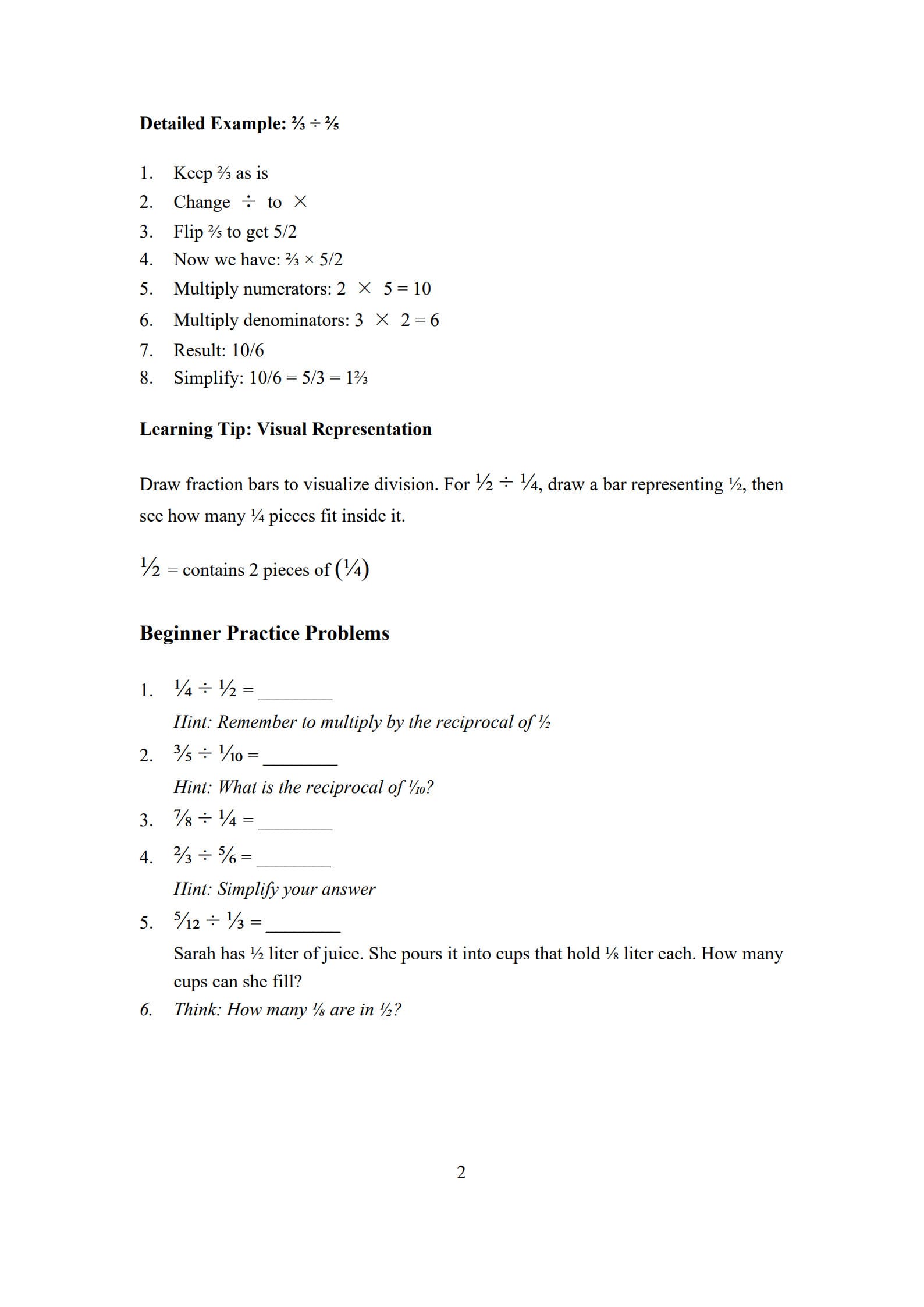 Dividing Fractions Worksheet 2