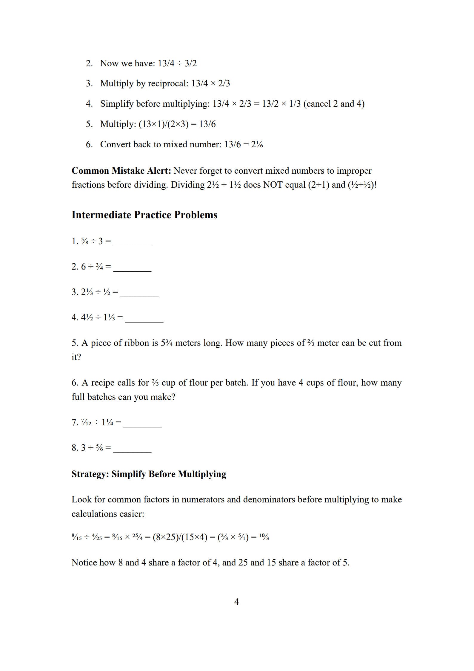 Dividing Fractions Worksheet 4