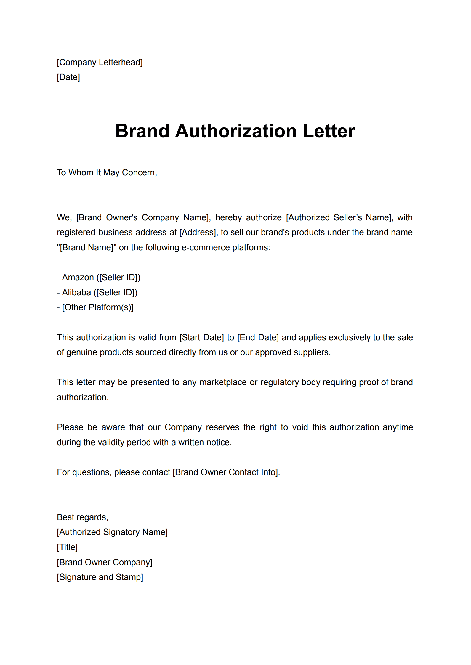 E-Commerce Brand Authorization Letter Template