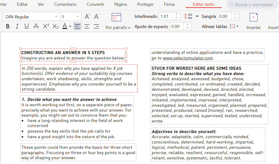Edición de información de texto