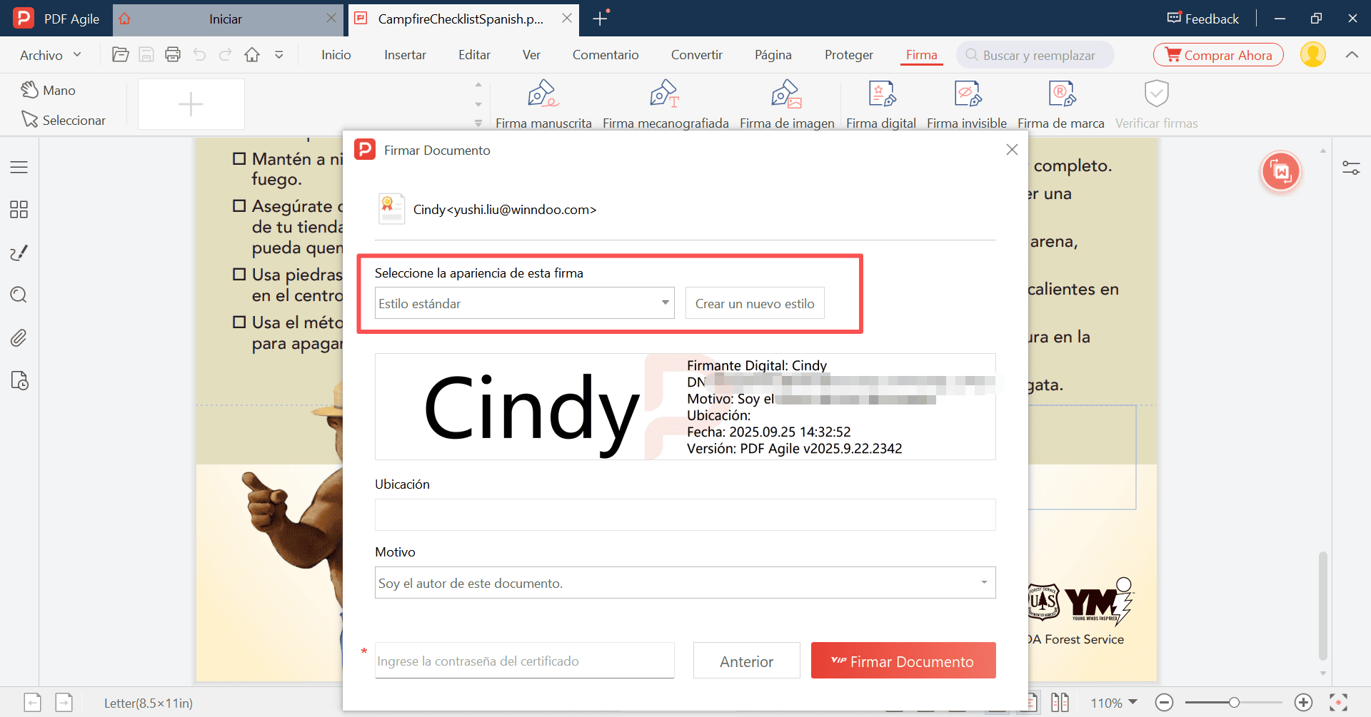 Establecer el estilo de la firma
