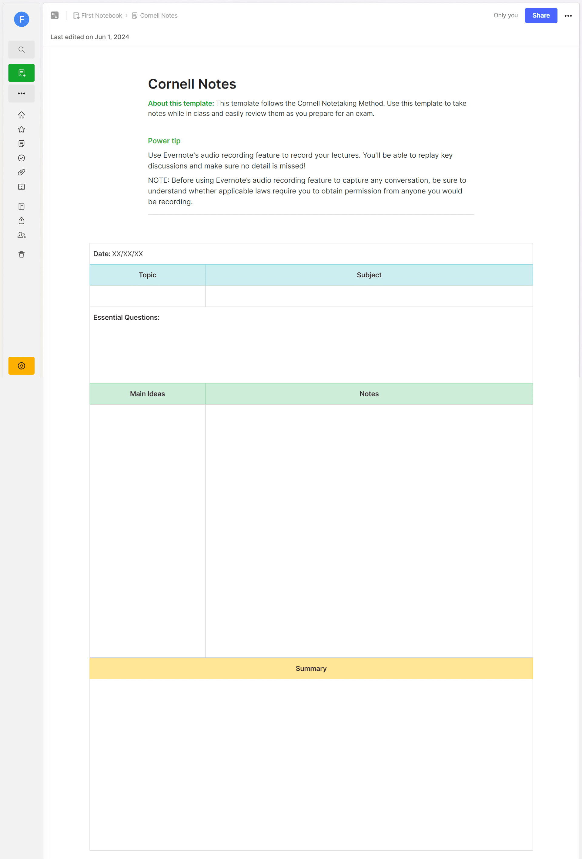 Evernote Template - Cornell Notes
