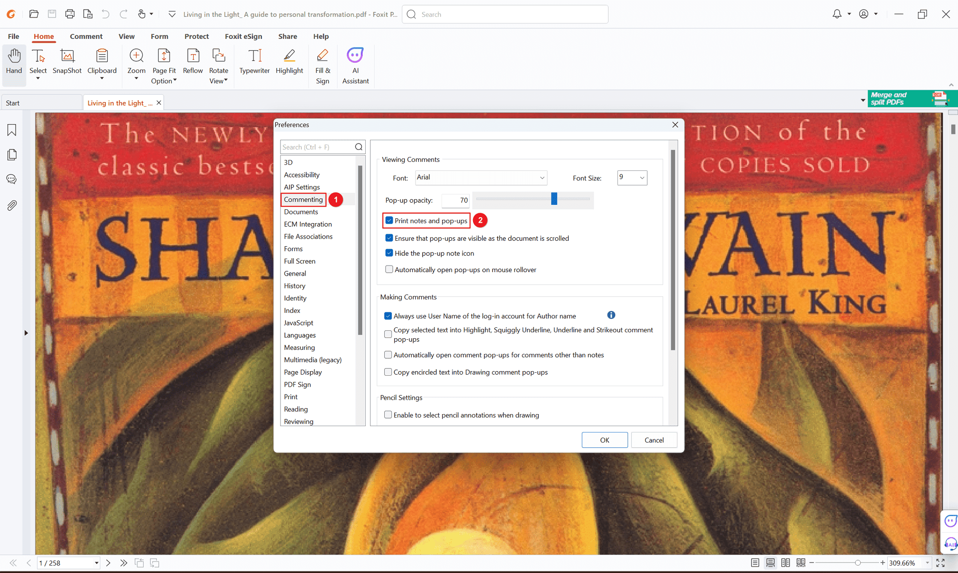 Under Viewing Comments, check the box next to "Print notes and pop-ups". This ensures comments are included during printing.