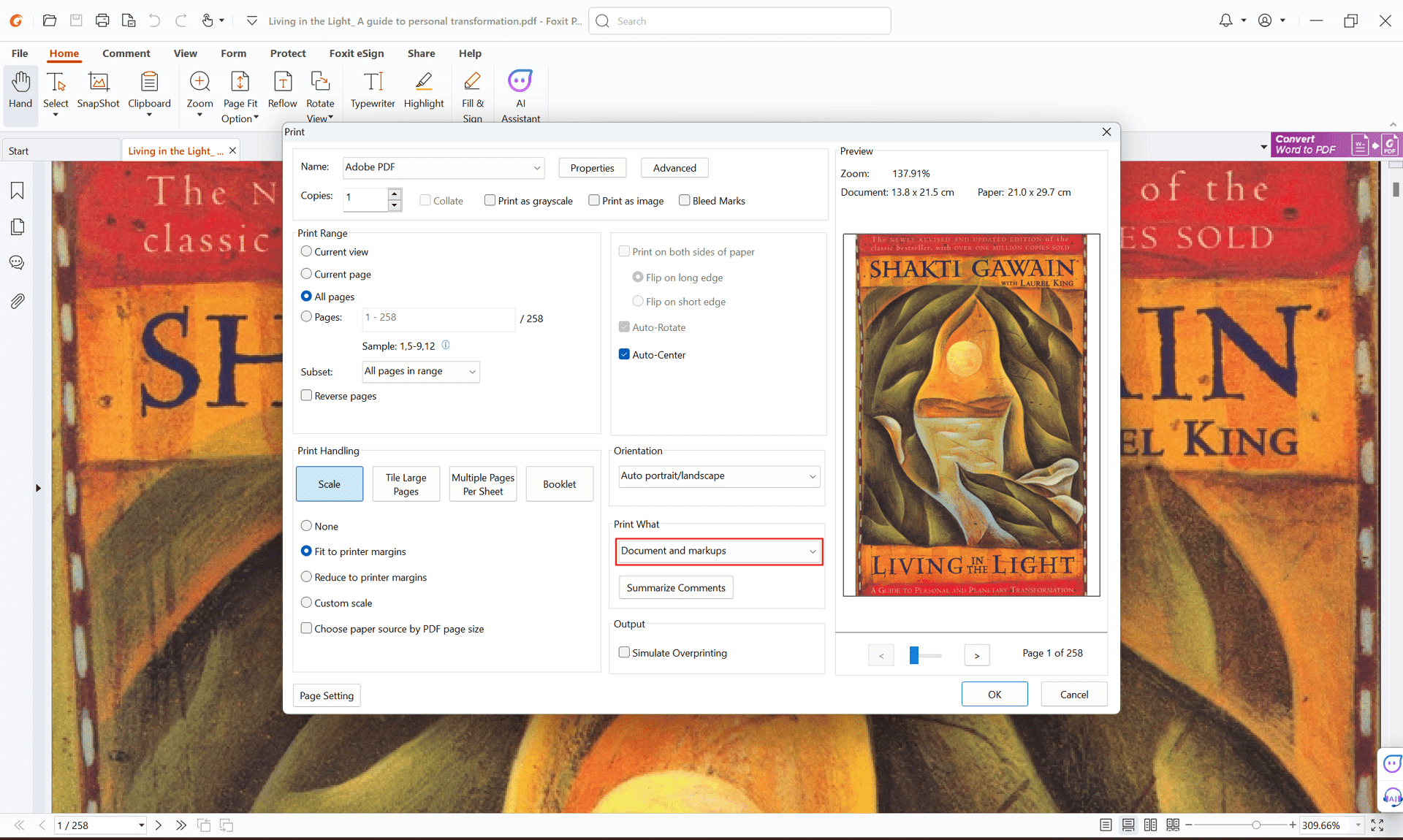 In the Print window, under the Print What section, select "Document and markups" from the dropdown menu.