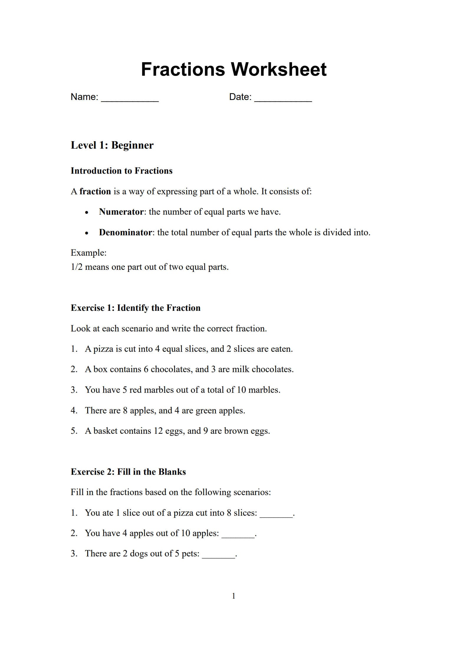 Fractions Worksheets 1