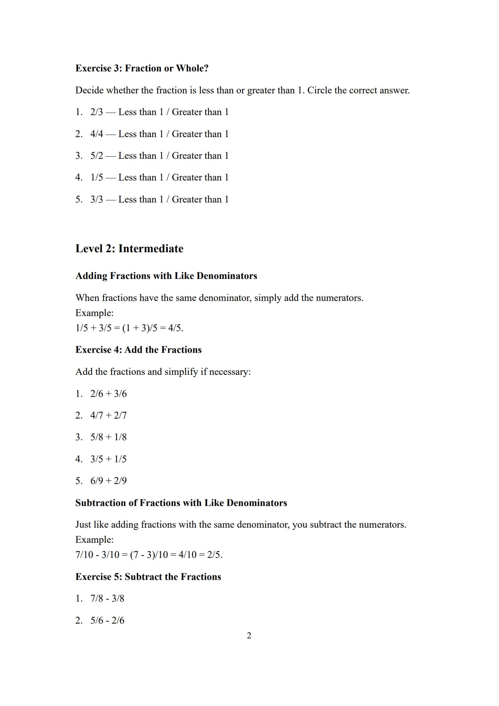 Fractions Worksheets 2