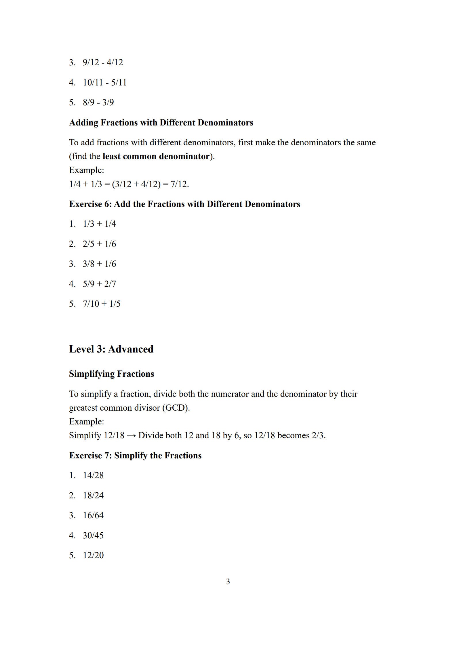 Fractions Worksheets 3