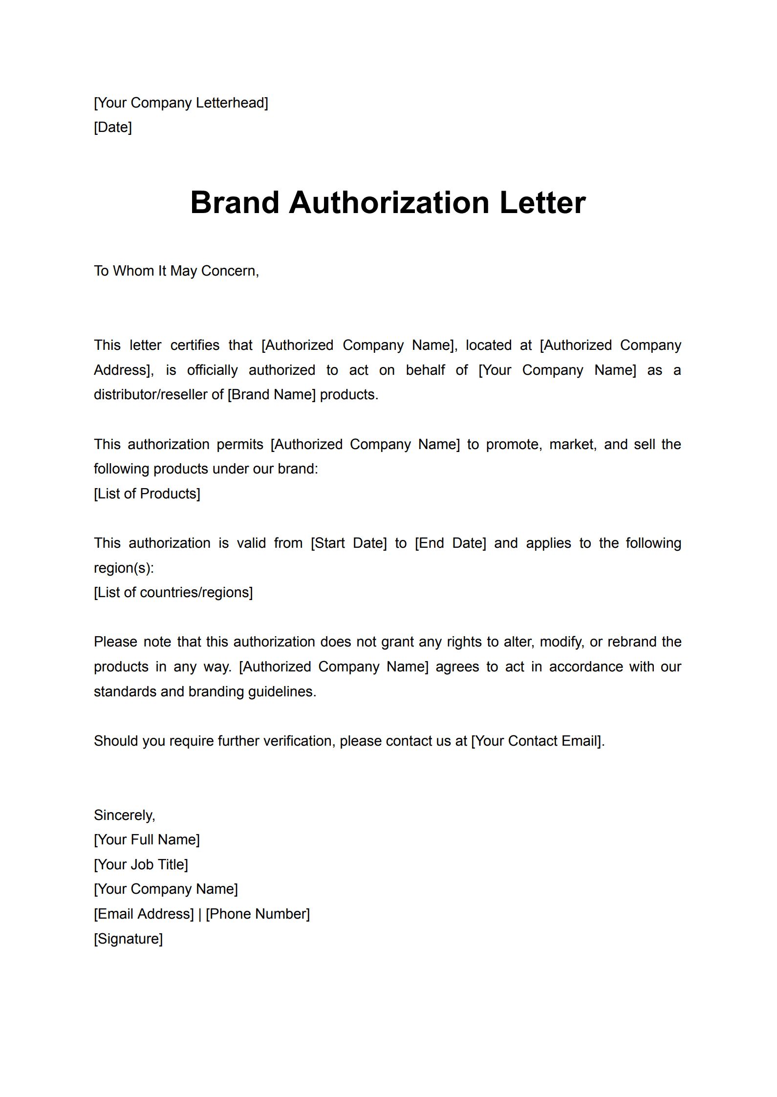 General Brand Authorization Letter Template