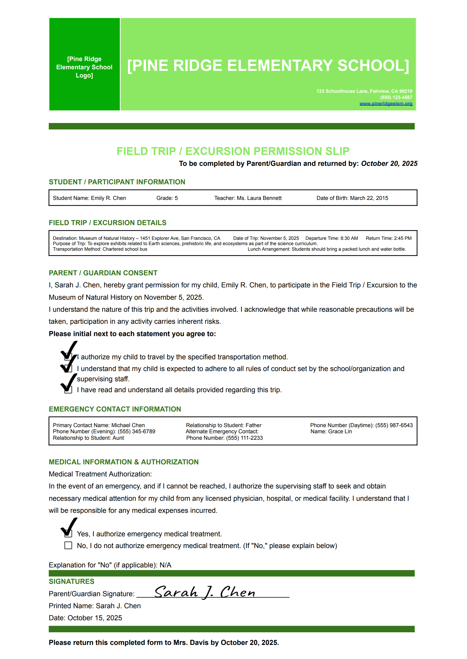 General Field Trip Permission Slip Template_example