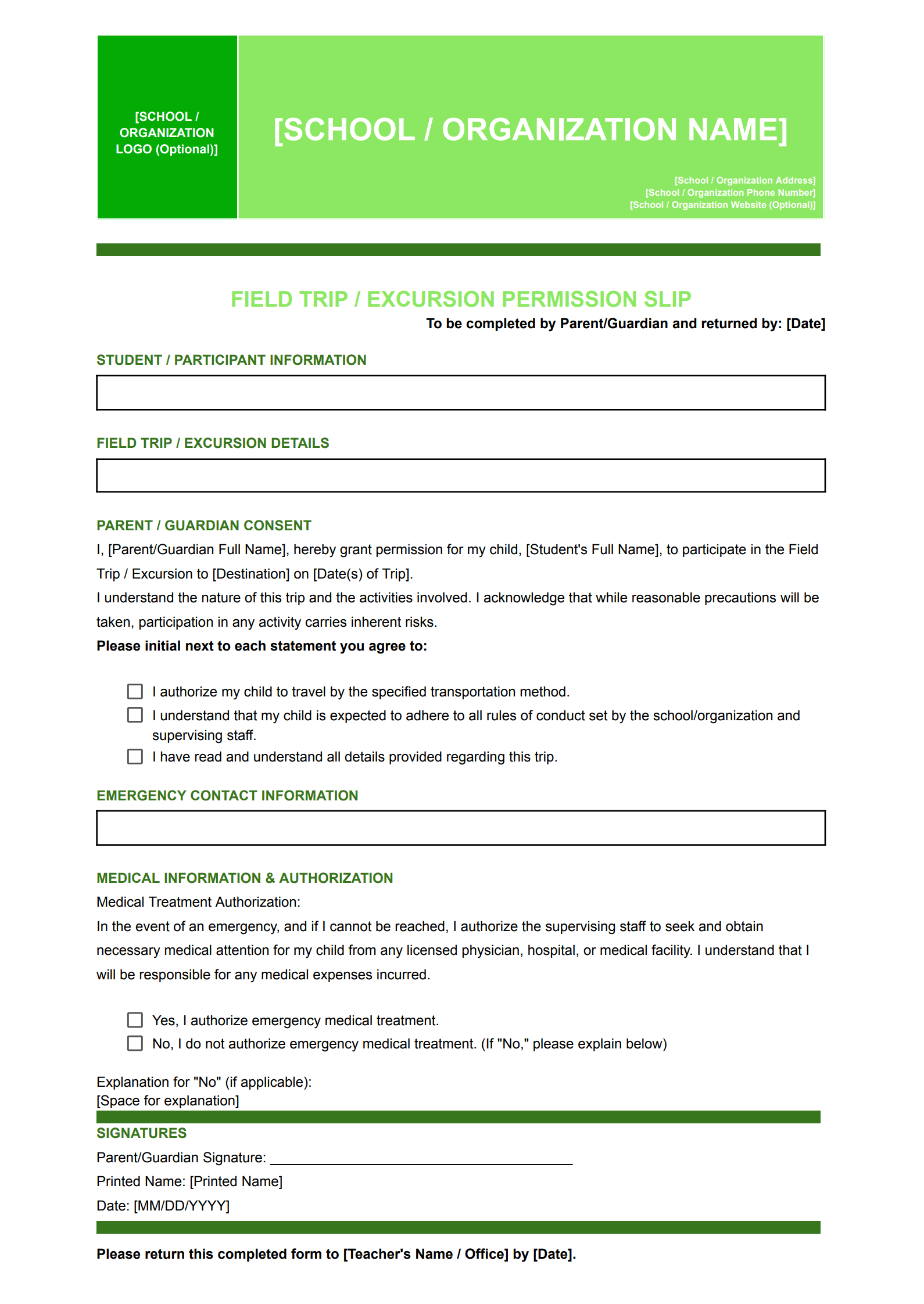 General Field Trip Permission Slip Template