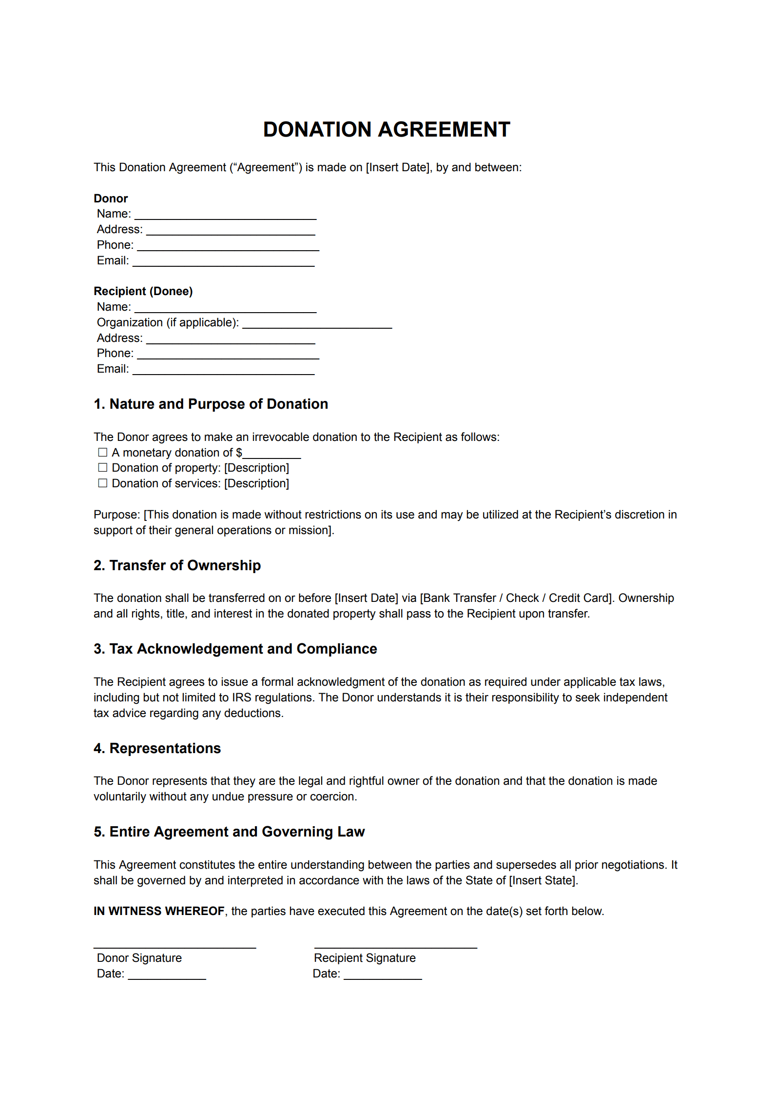 General Unrestricted Donation Agreement Template