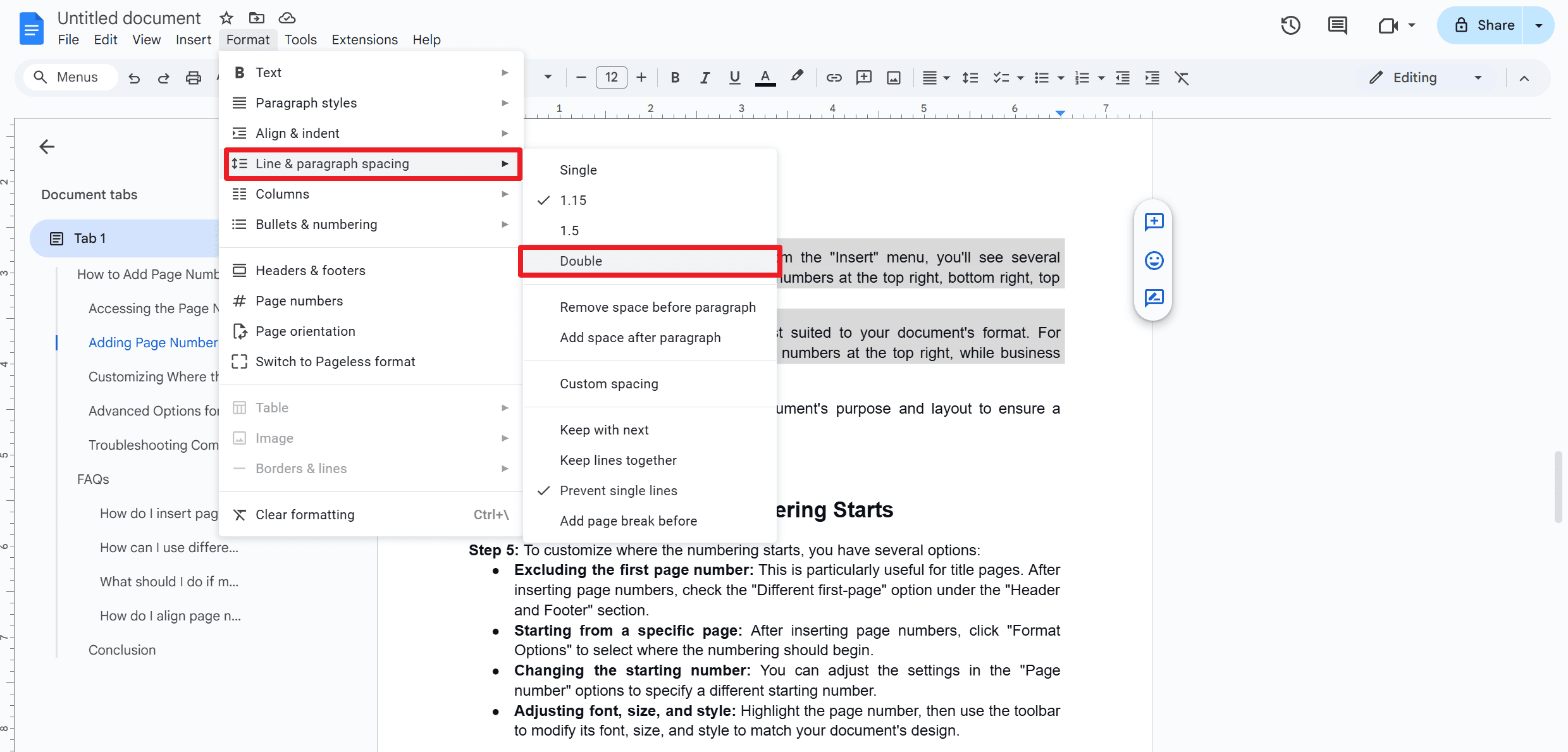 How to Double Space Using the Format Menu?