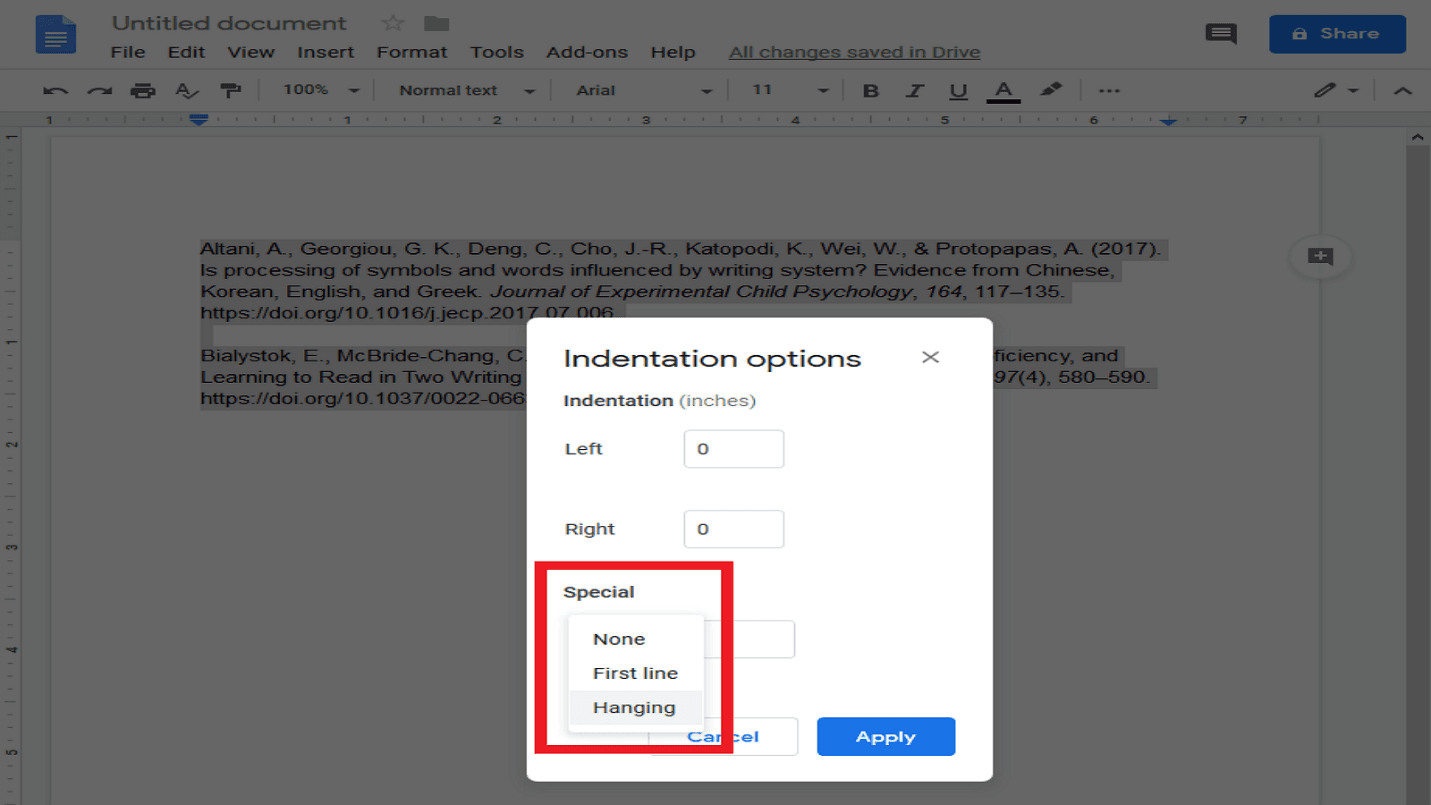 How to Indent Citations on Google Docs?