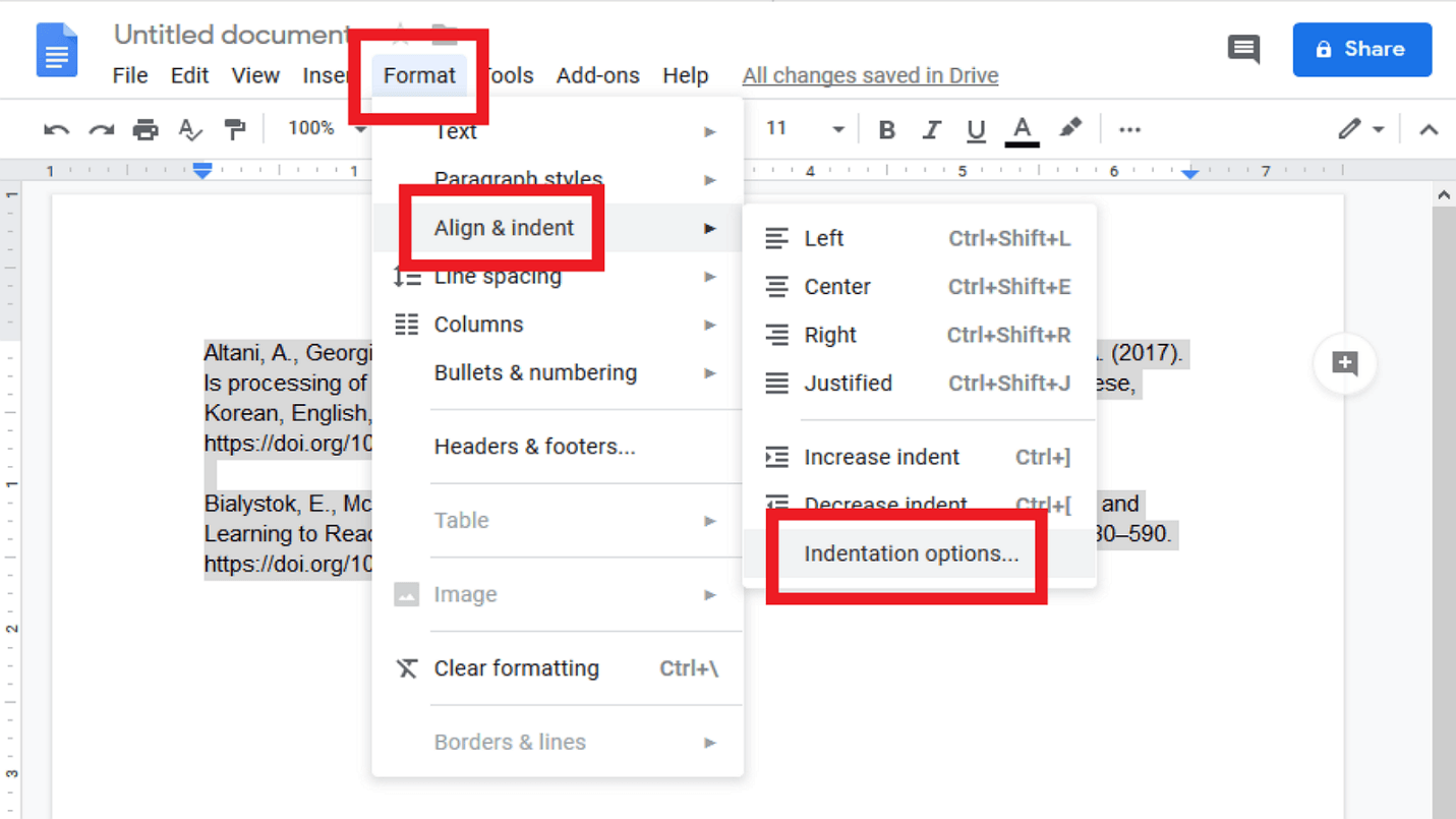 How to Indent Citations on Google Docs?