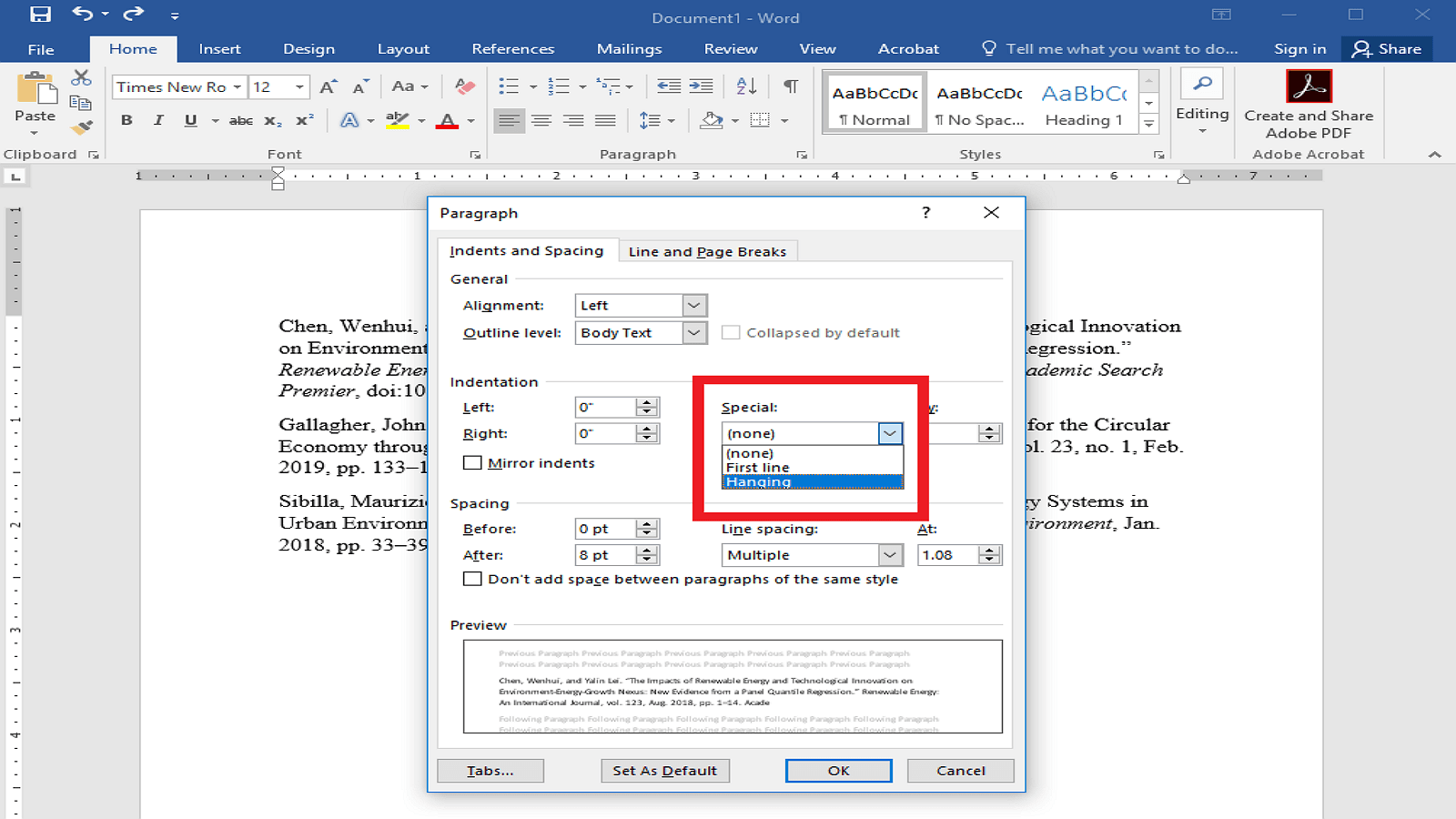 How to Indent Citations on Microsoft Word?