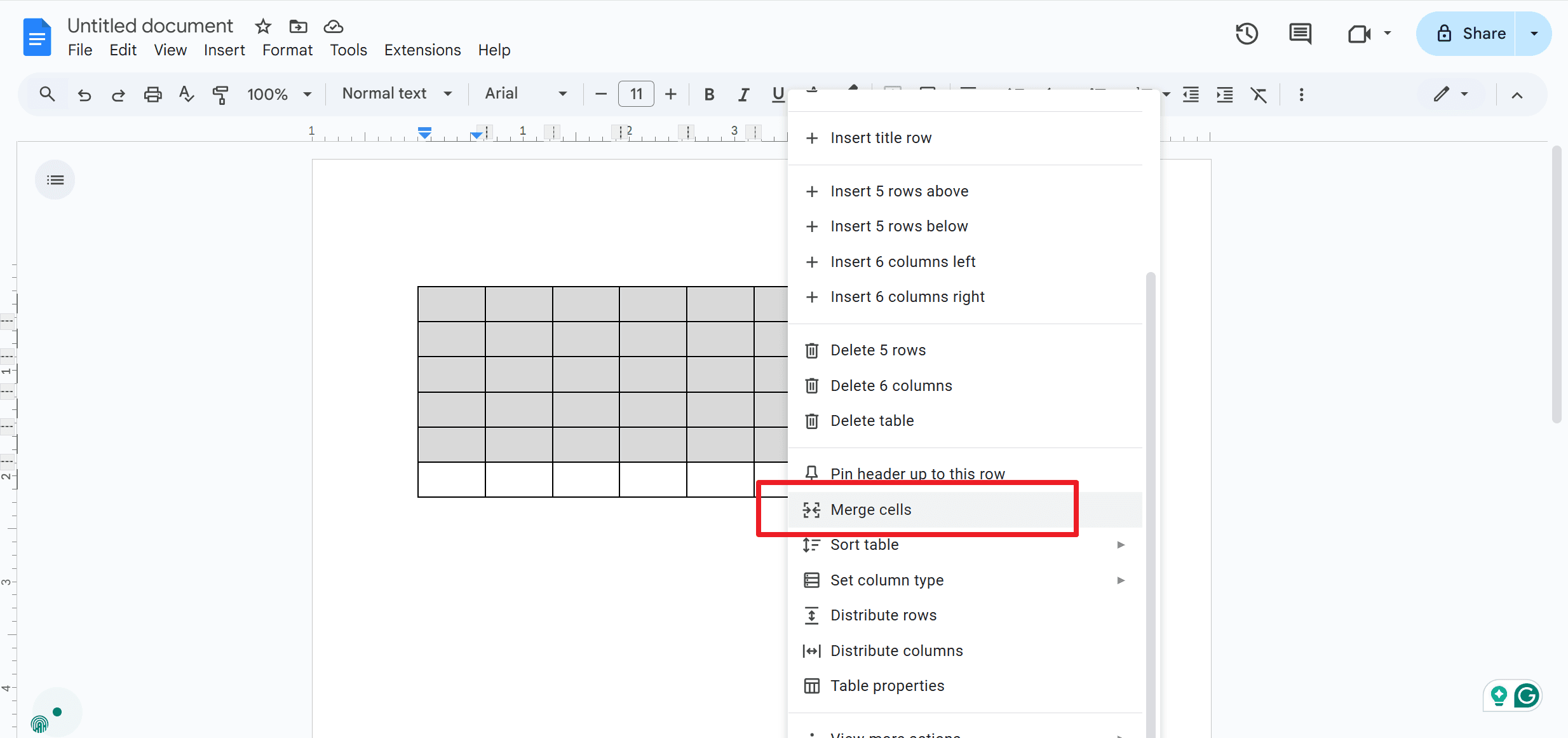 How to Merge Cells in Google Docs Using the Right-Click Option?