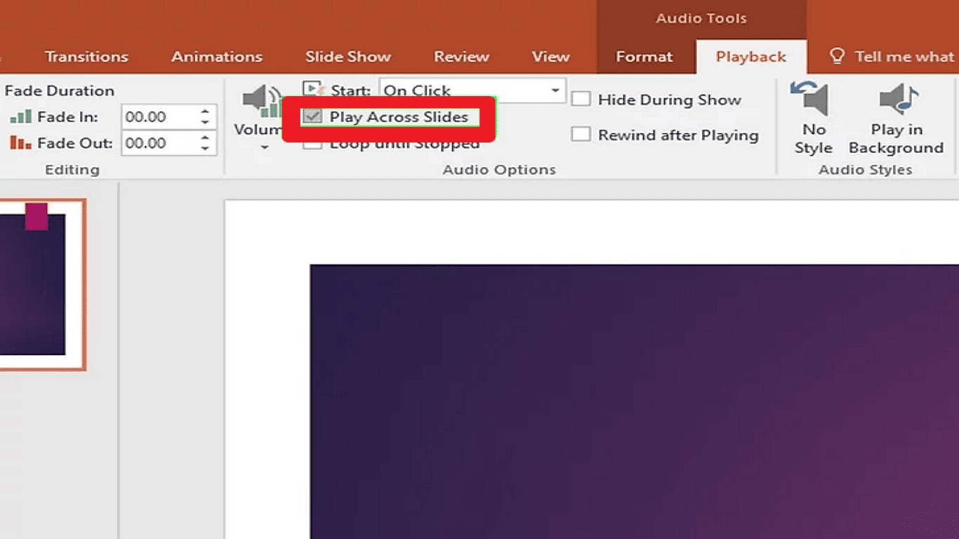 In the Multimedia Settings tab, choose Continue slide show and set the number of slides for the music to play..png
