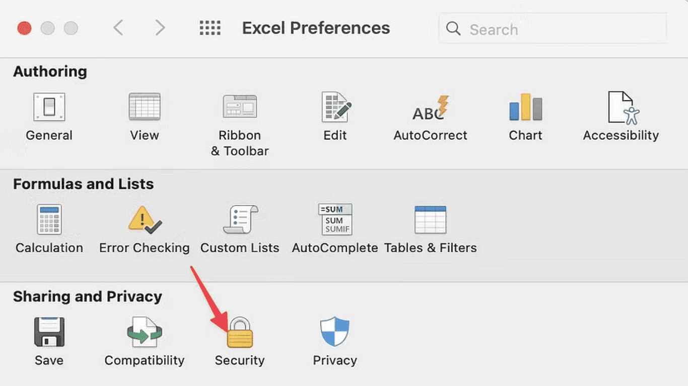 In the Preferences window, choose Security.png
