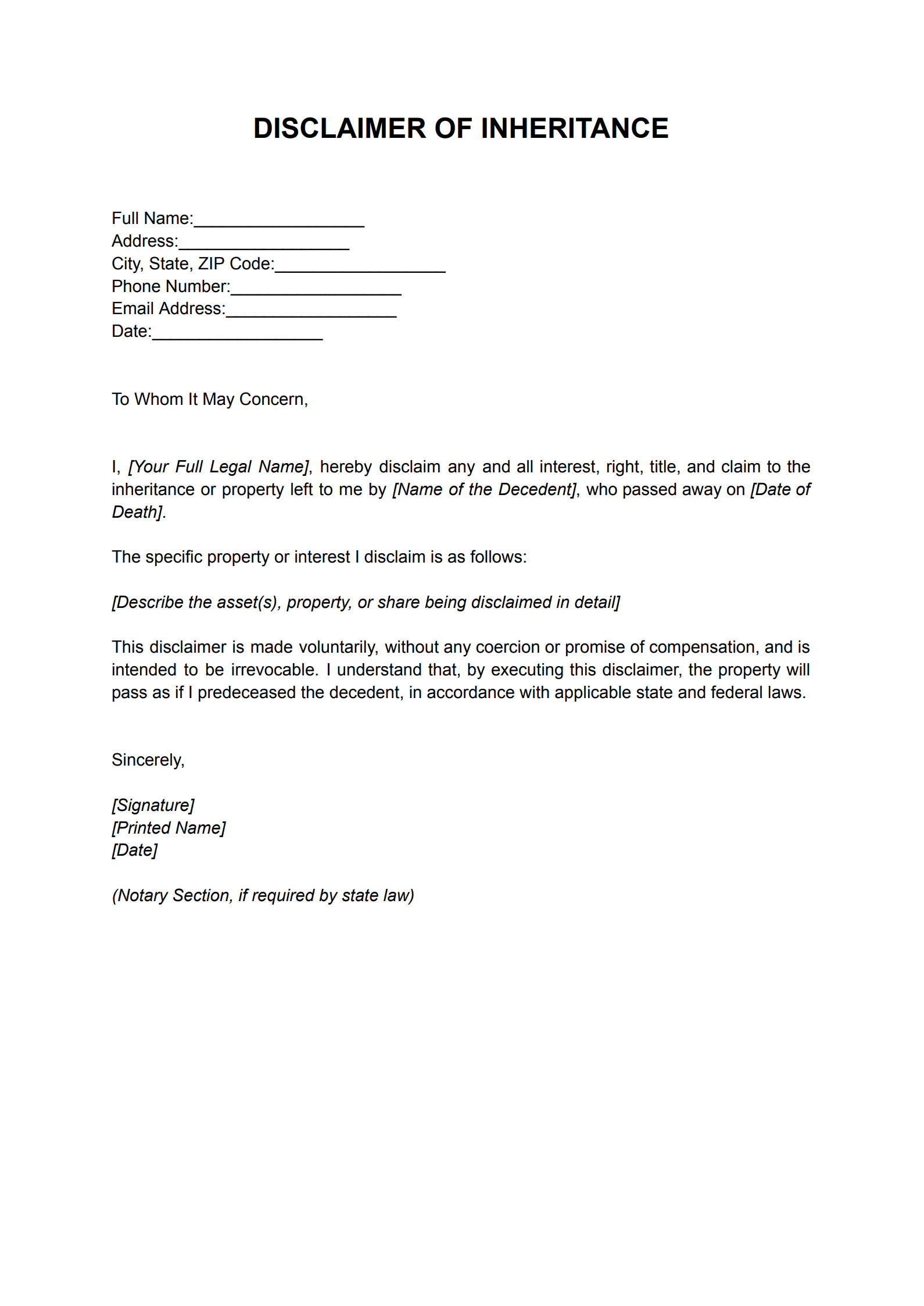 Inheritance Disclaimer Template