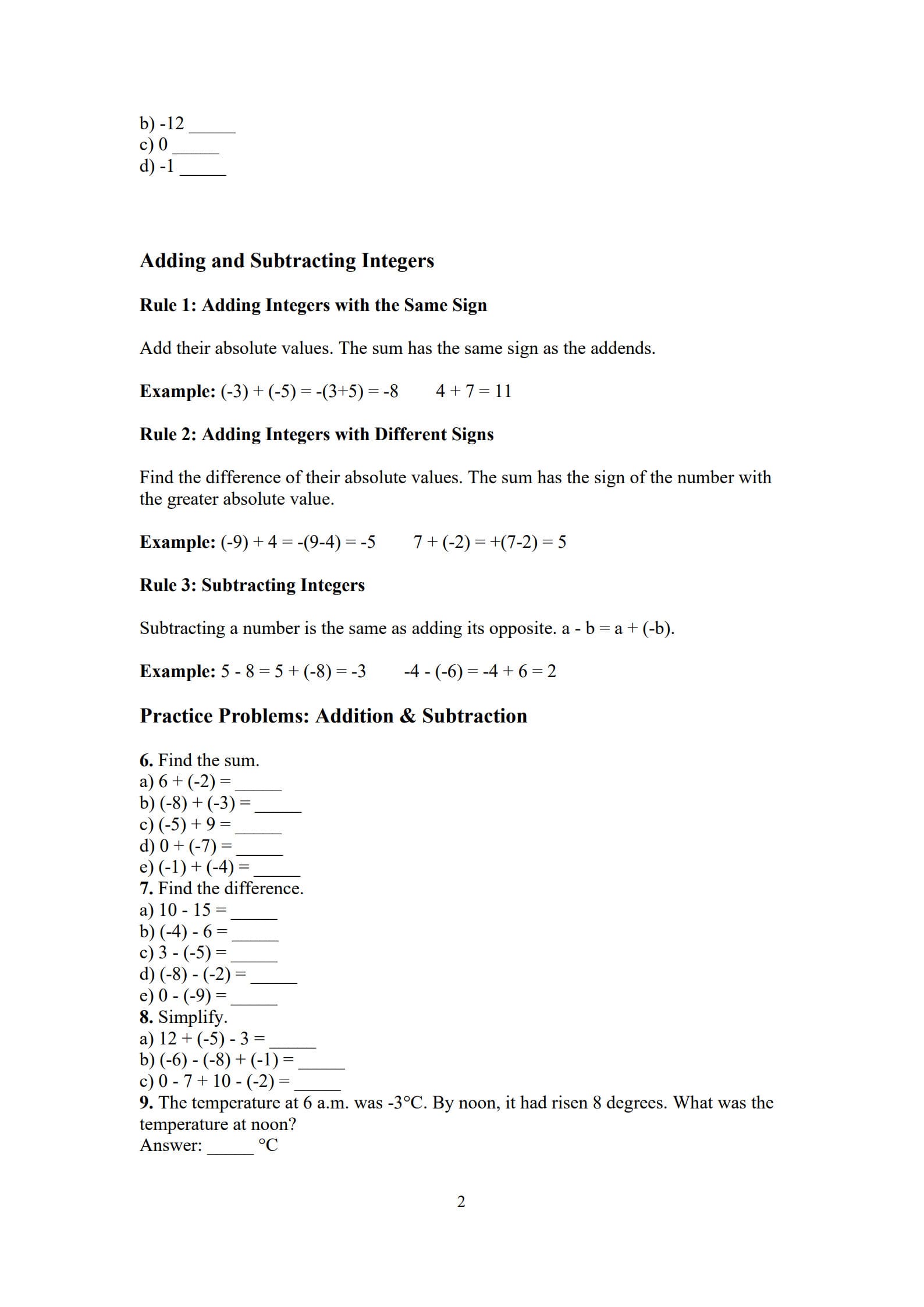 Integers Worksheet 2