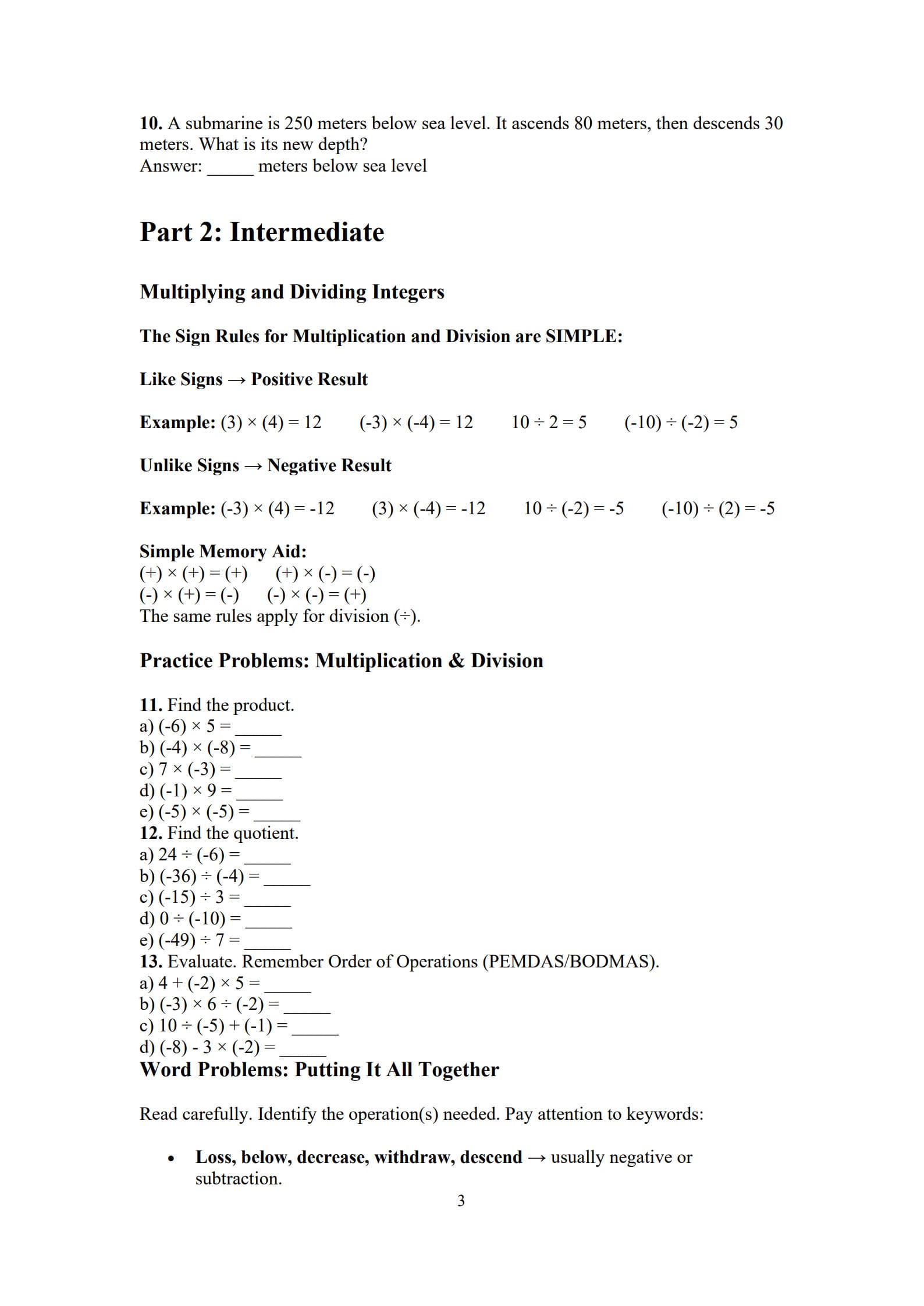 Integers Worksheet 3