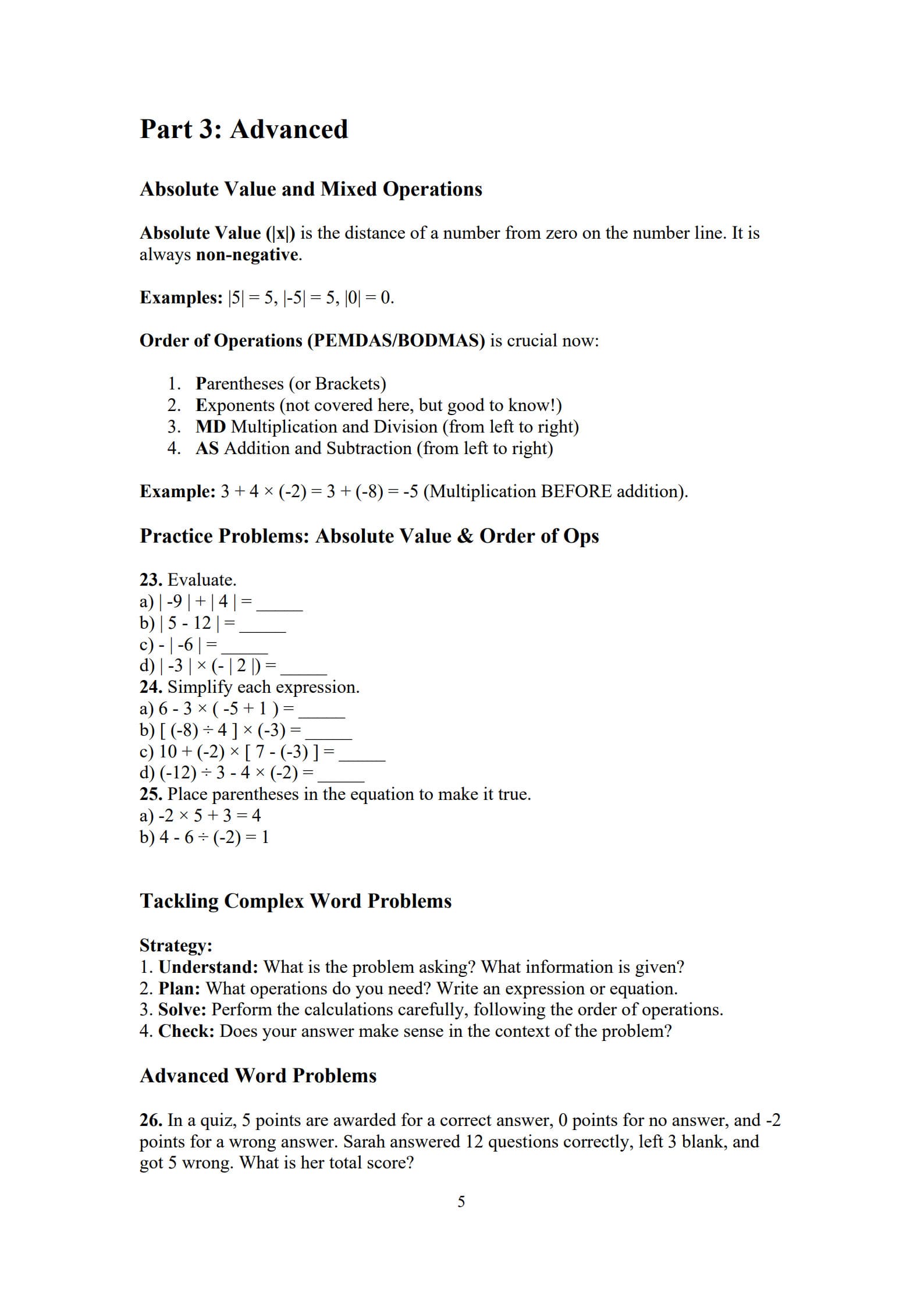 Integers Worksheet 5