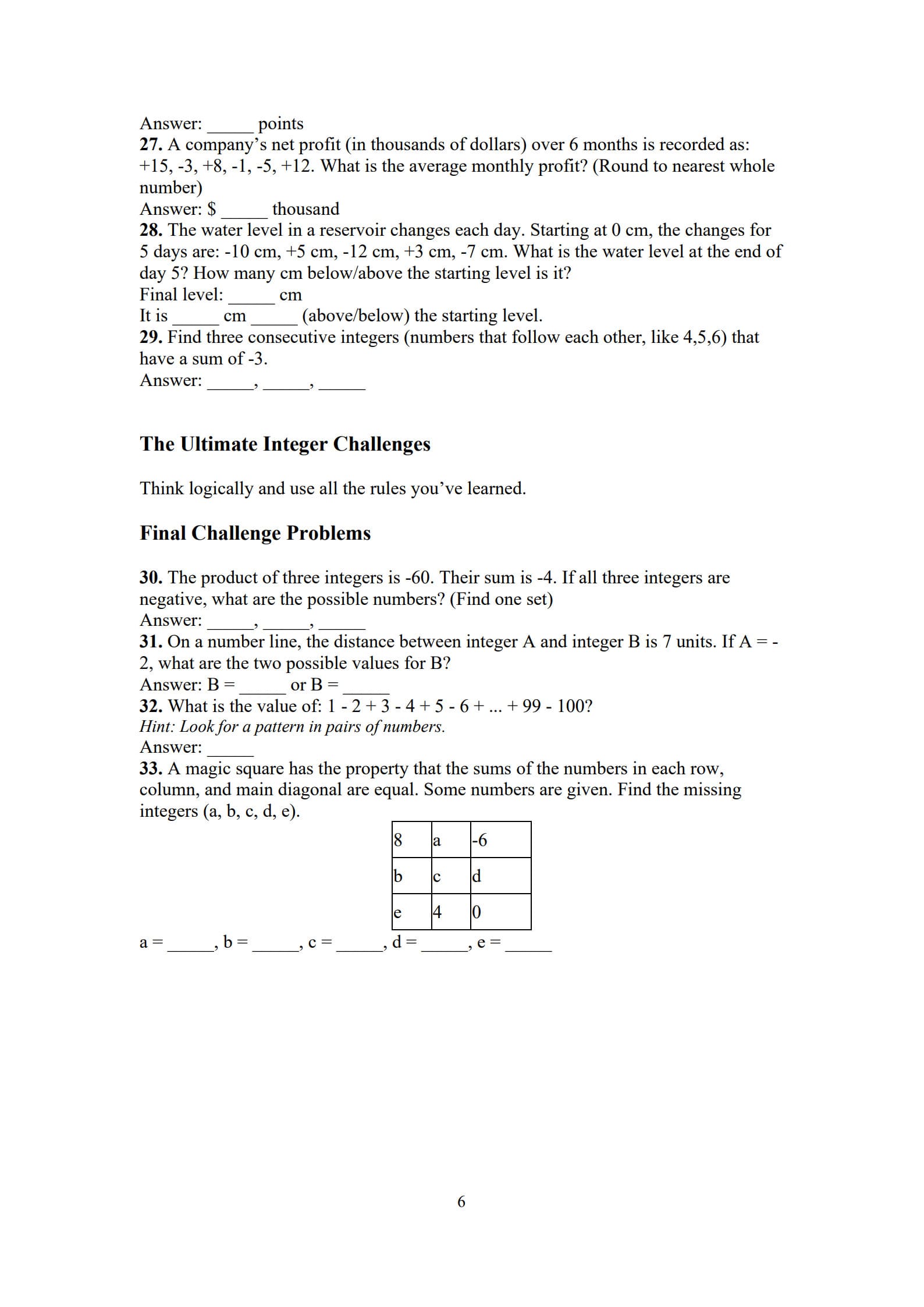 Integers Worksheet 6