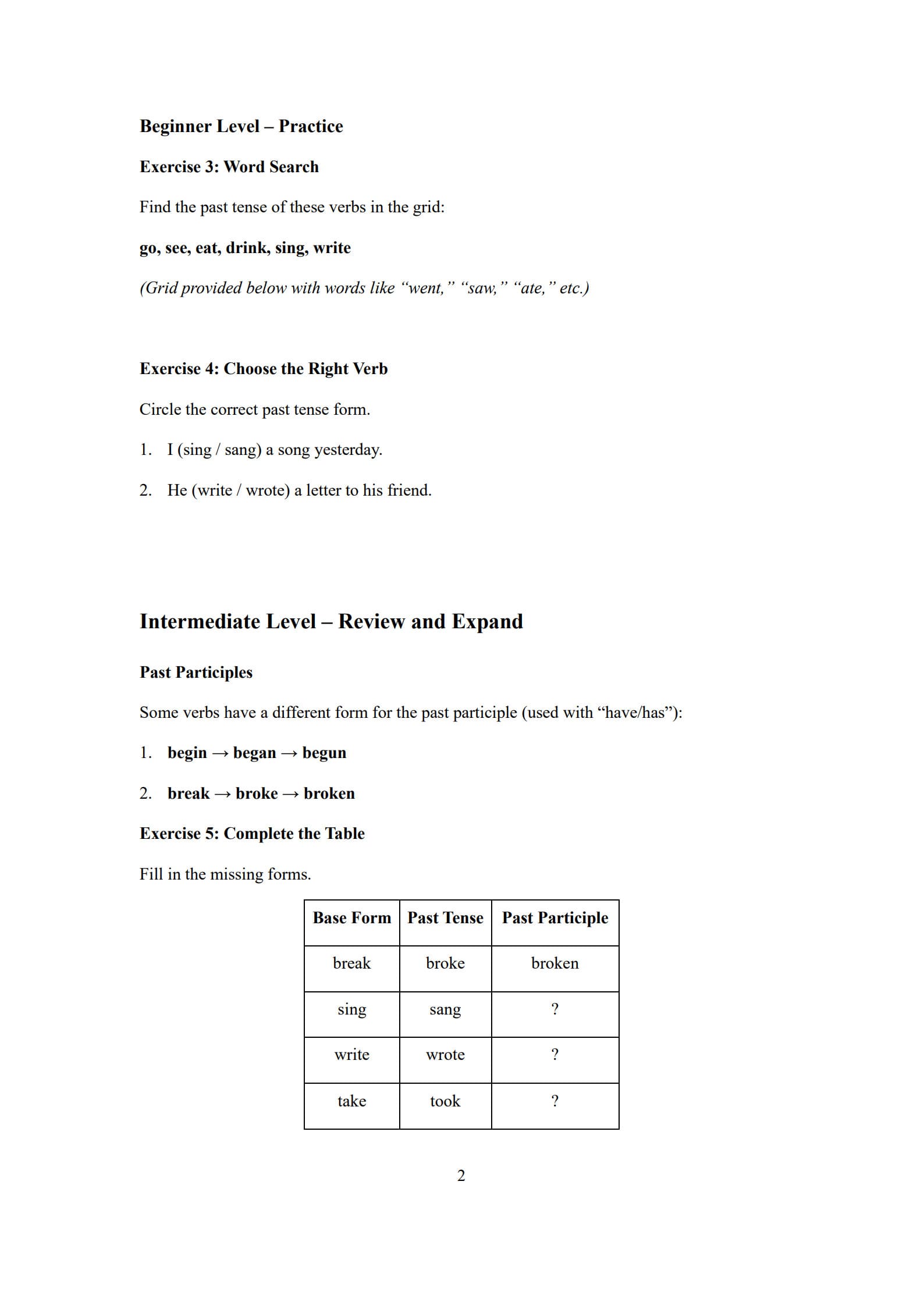 Irregular Verbs Worksheet 2