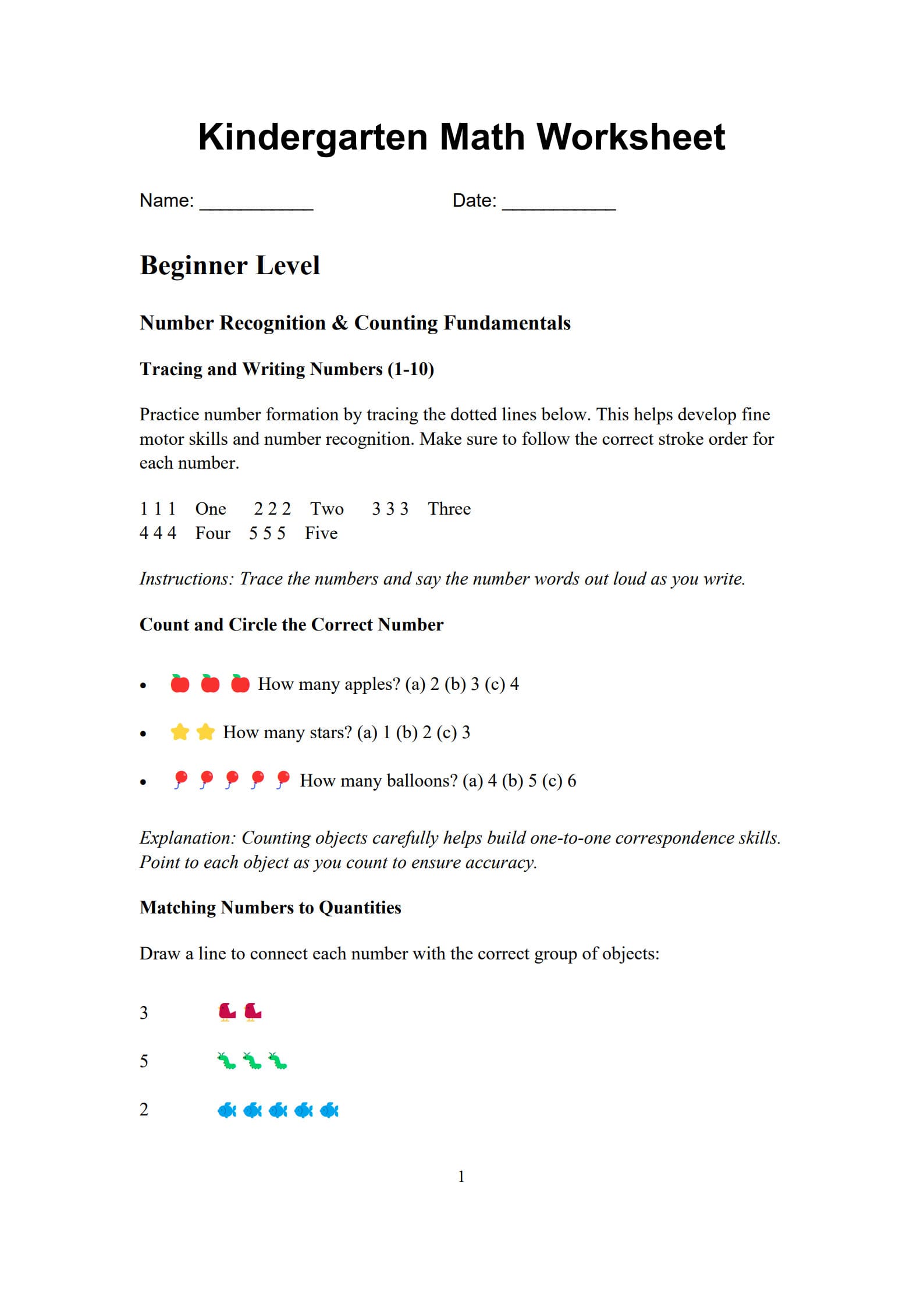 Kindergarten Math Worksheet 1